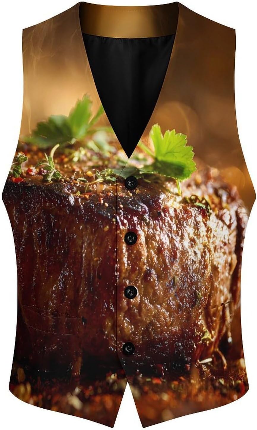 Food Steak Cooking Men's Suit Vest Formal Vests Casual Dress Fit Waistcoat Casual Tuxedo for Business