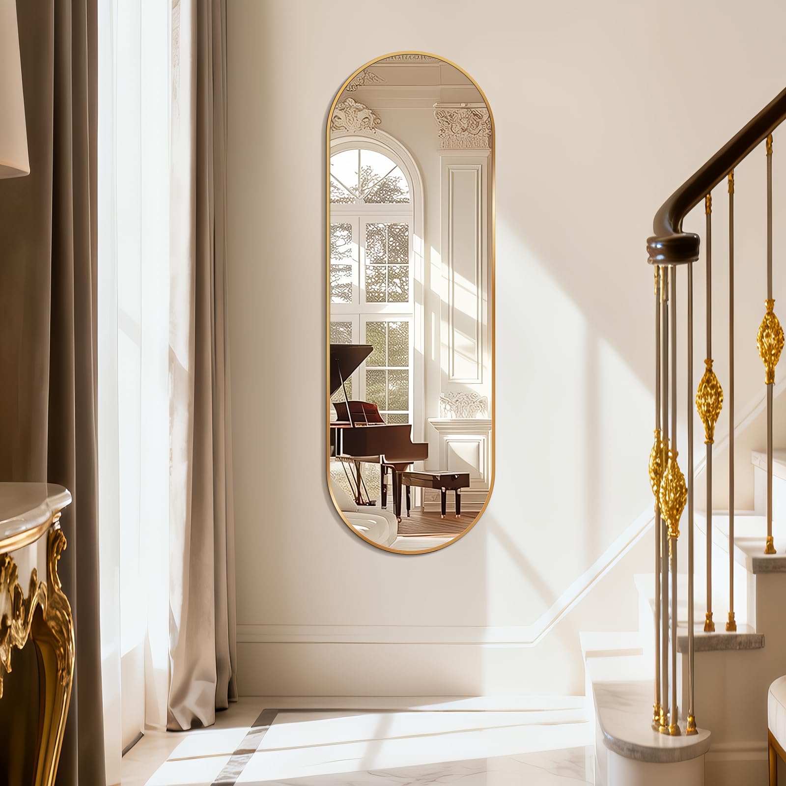 Oval Full Length Mirror, 55"×18" Wall-Mounted Mirror with Gold Frame, Ultra-Clear Explosion-Proof Dressing Mirror, Simple and Classic Deco for Cloakroom/Bedroom/Living Room