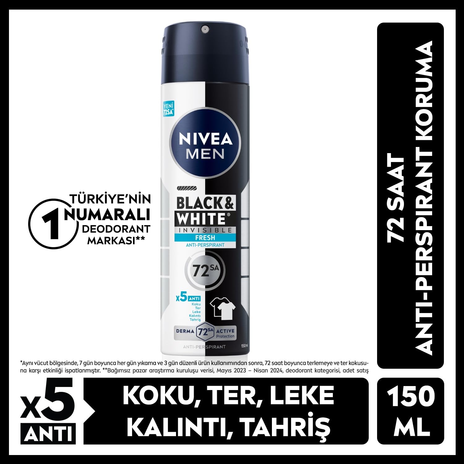 NIVEA Men Erkek Sprey Deodorant Black& White Invisible Fresh 150 ml + NIVEA Men Erkek Sprey Deodorant Fresh Active 150ml