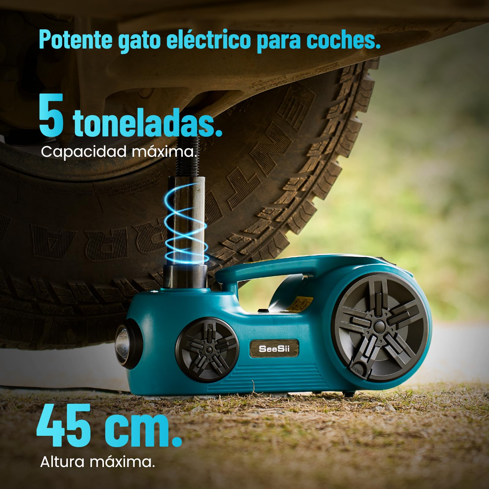 SEESII Kit de Gato Hidráulico Eléctrico para Coche 5 Toneladas (Alcance de Elevación 17.7 Pulgadas) - Gato 3en1 con Llave de Impacto e Inflador - Gato de Suelo para SUV/Camioneta/Camión/Sedán