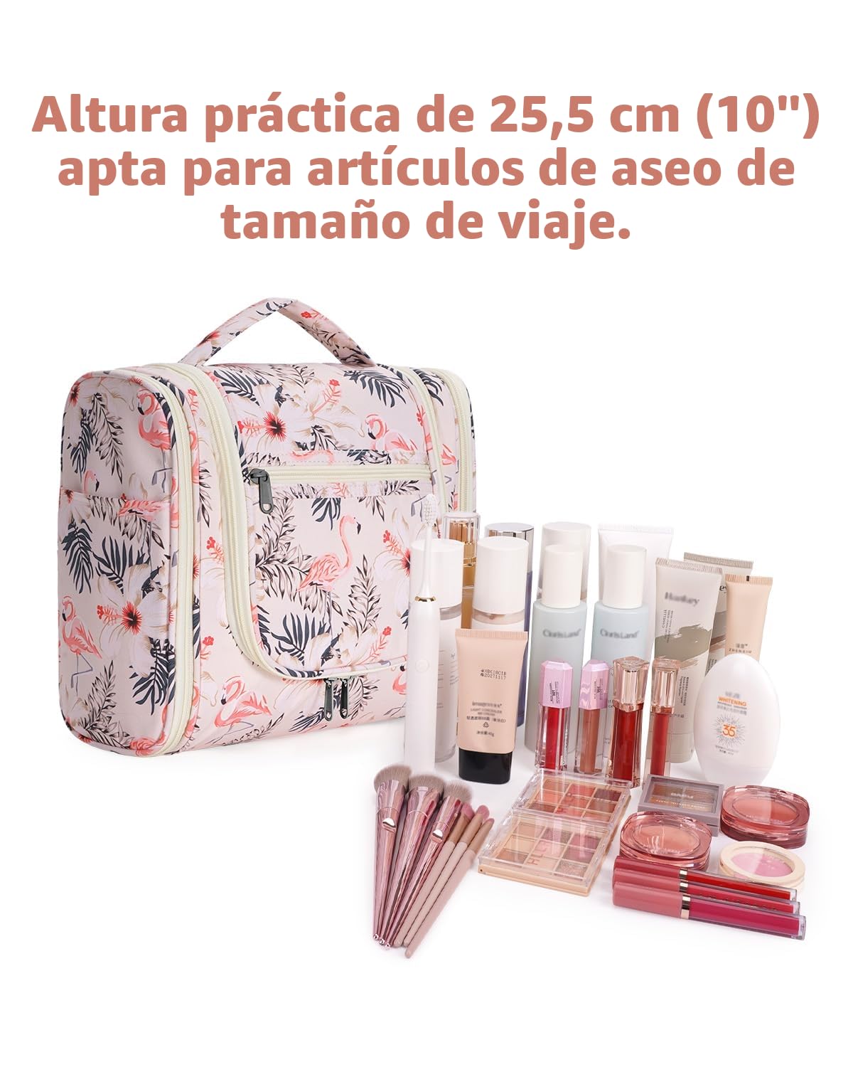 Narwey Neceser Mujer Bolsa de Aseo Colgante, Organizador de Maquillaje Neceser Viaje para Hombre y Mujer Accesorios de Viaje (Flamenco Beige(Grande))