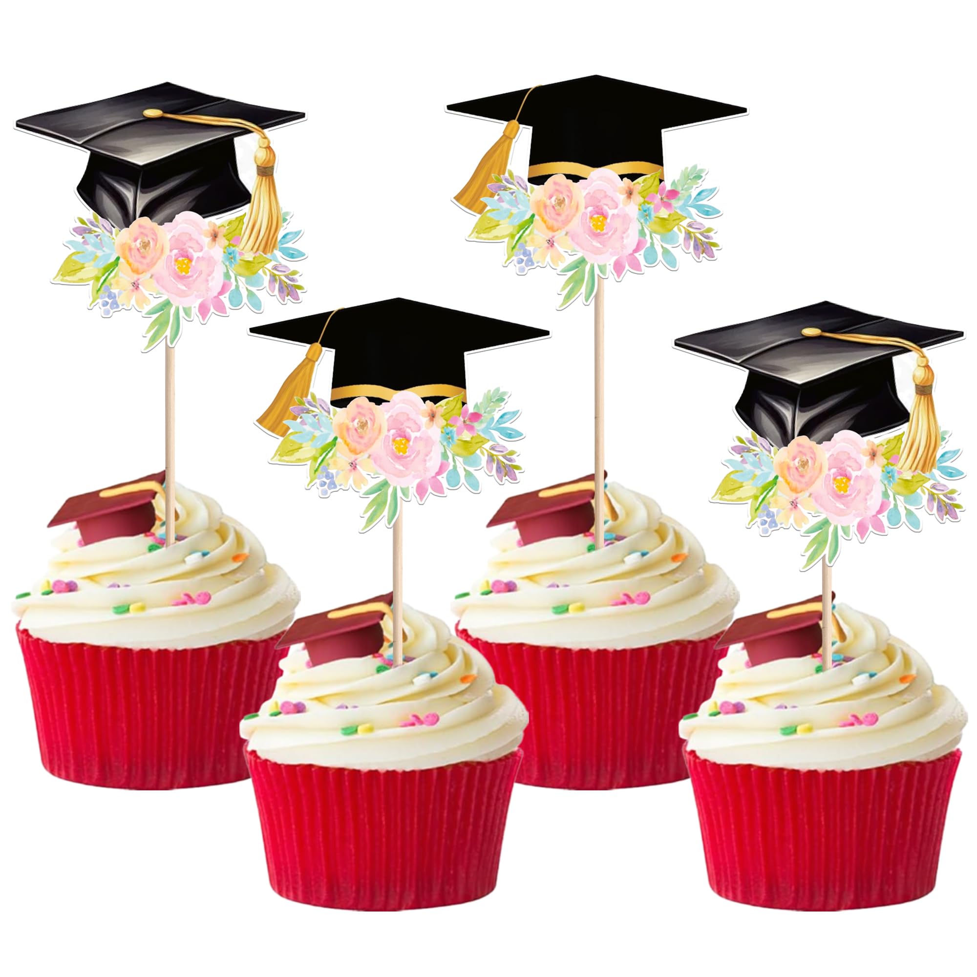 40 PCS 2025 Graduation Cap Cupcake Toppers Double Sided Flower Class of 2025 Grad Cap Cupcake Picks 2025 Congrats Grad Party Decorations for 2025