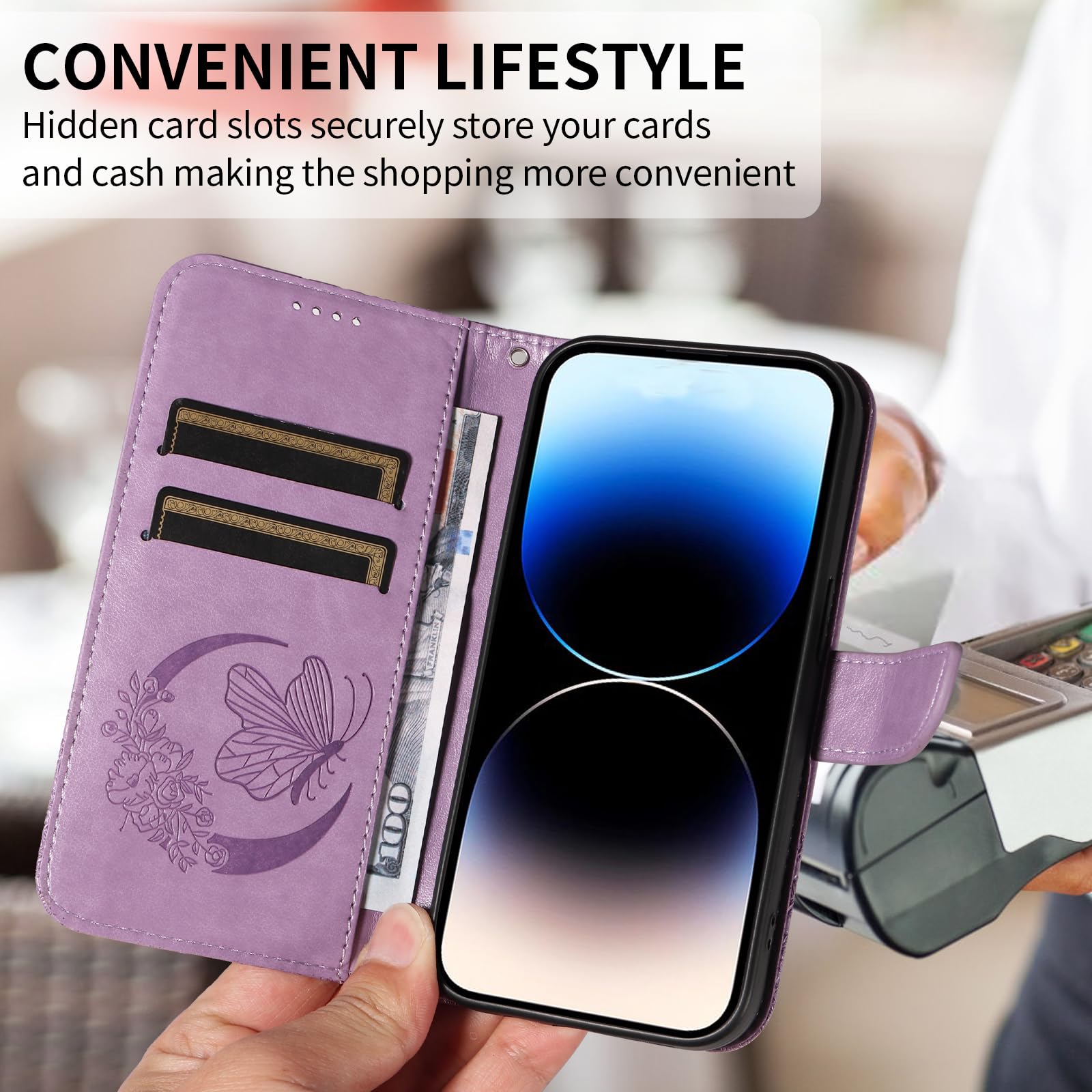 Wuhaizher iPhone 14 Case Butterfly Shockproof Leather Flip Folio Wallet Phone Case for Girly Women with Stand Card Holder Slots Silicone Bumper Cover for iPhone 14 - Image 4