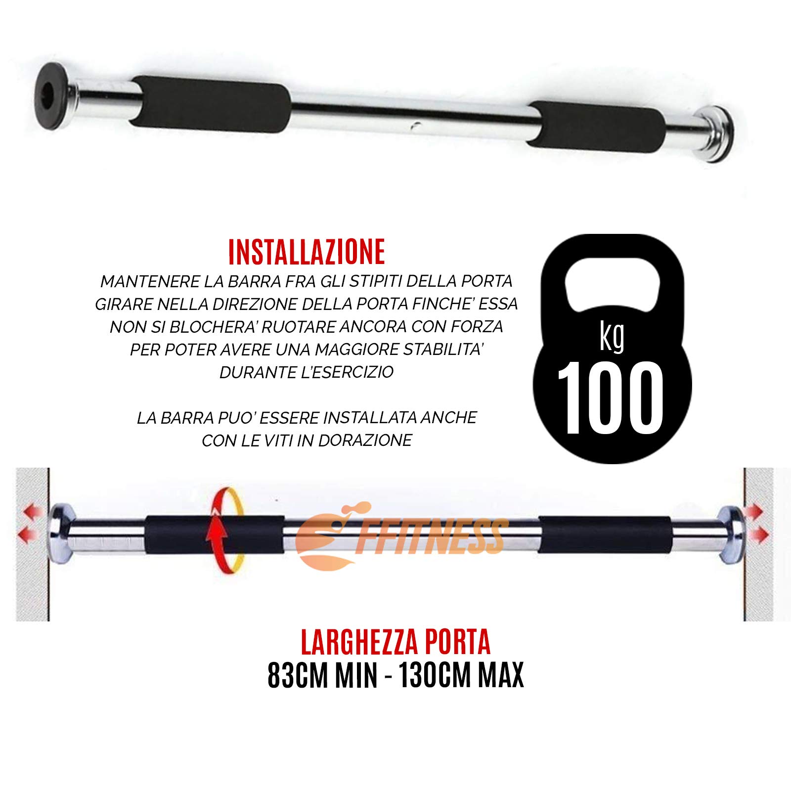 Barra Per Trazioni FFitness 2-Way - Regolabile 83-130 Cm, Per Porta, Fino A 100 Kg - Foto 10