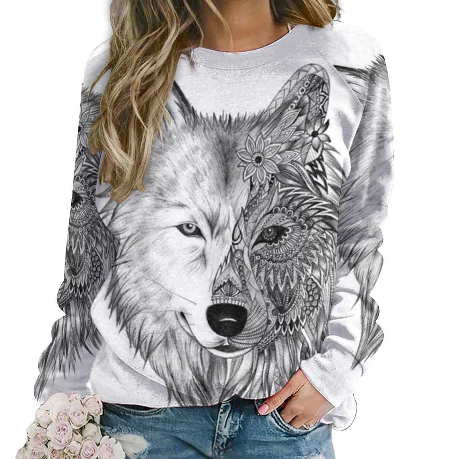 Qjjinxior Casual Ladies Jumper, Gray Wolf Sweatshirts for Women, Crewneck Long Sleeve Top