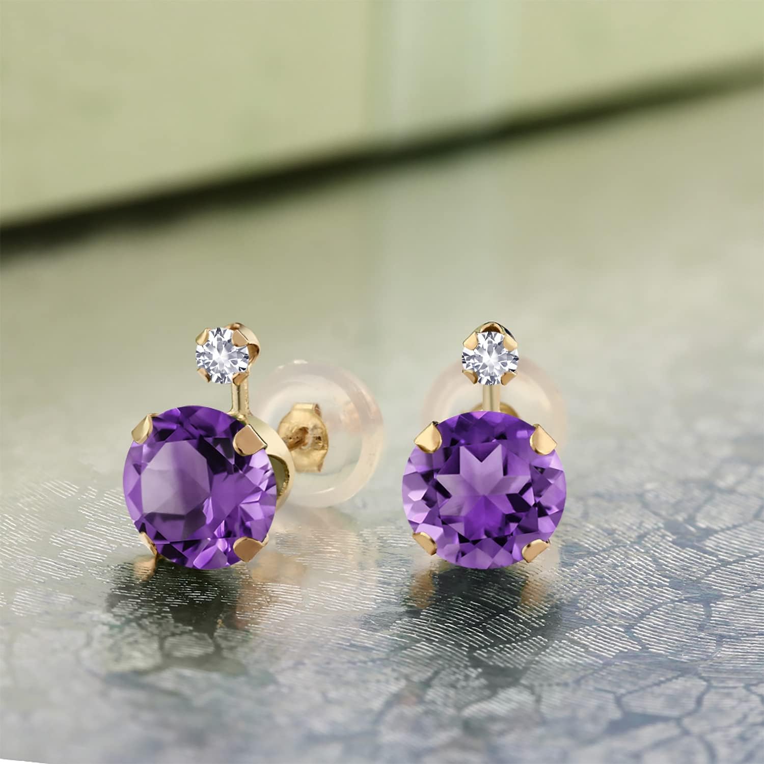 Gem Stone King 14K Yellow Gold Purple Amethyst and White Created Sapphire Earrings For Women (1.58 Cttw, Gemstone Birthstone, Round Cut 6MM)