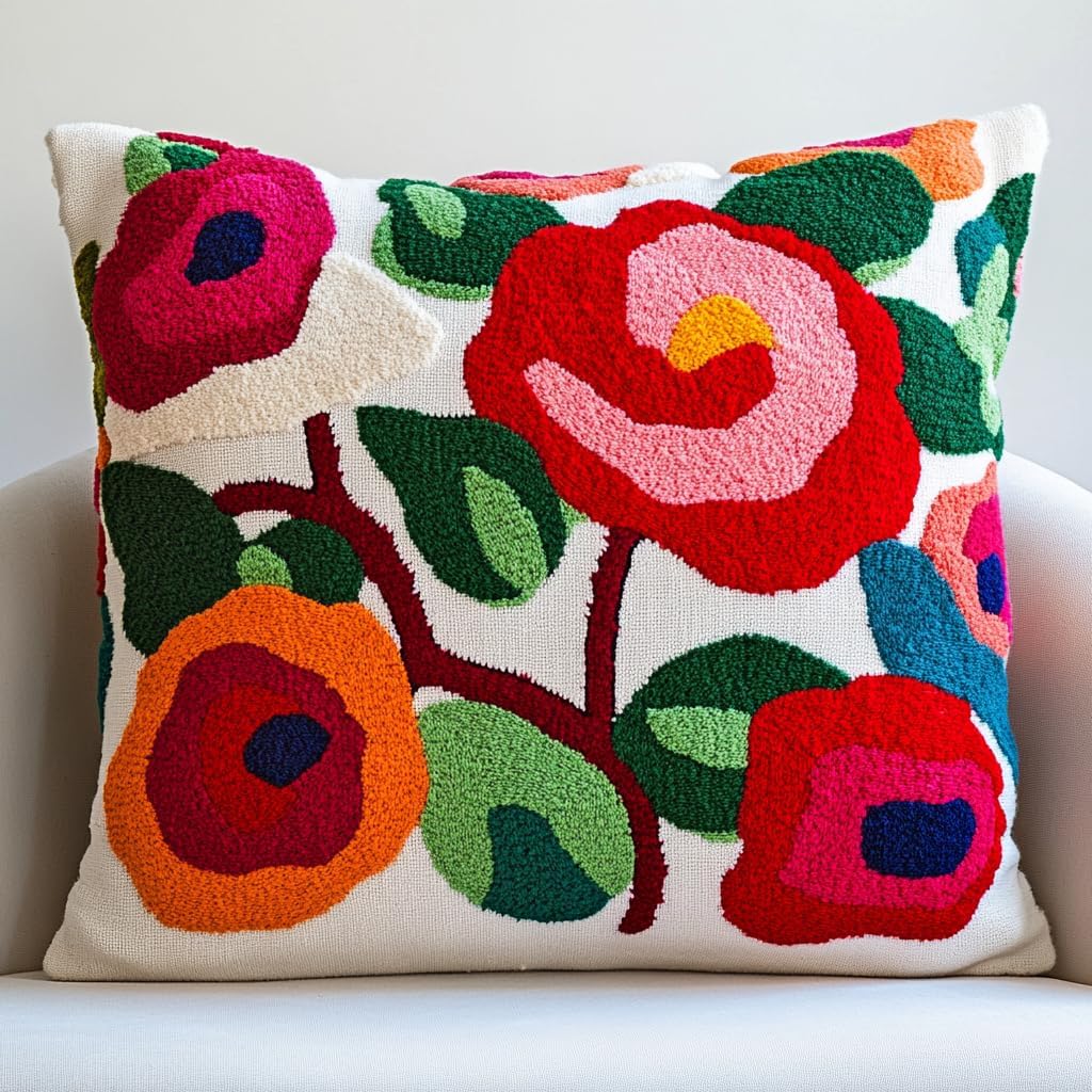 DIY Punch Needle Pillow Kit Red Rose Flowers with Pattern and Hoop Handmade Embroidery Punch Needle Starter Pillowcase Set for Home Sofa Decor 43x43cm-1-7