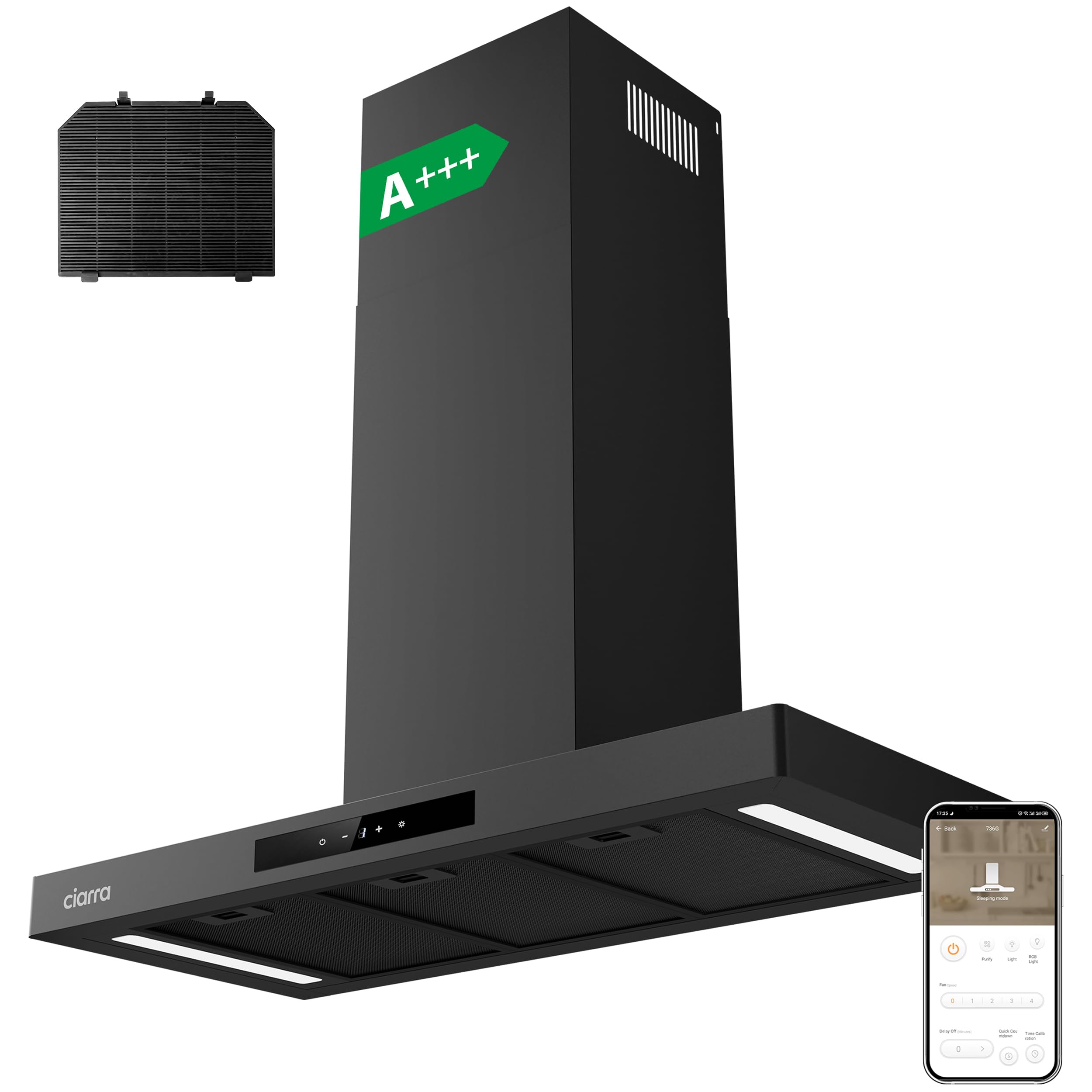 CIARRA CBCB9102-P A+++ Dunstabzugshaube 90cm Umluft Abluft Abzugshaube 650m³/h Wi-Fi App Touch-Bedienung 4 Stufen Inkl. Booster Schwarz Wandhaube mit CBCF004 Aktivkohlefilter