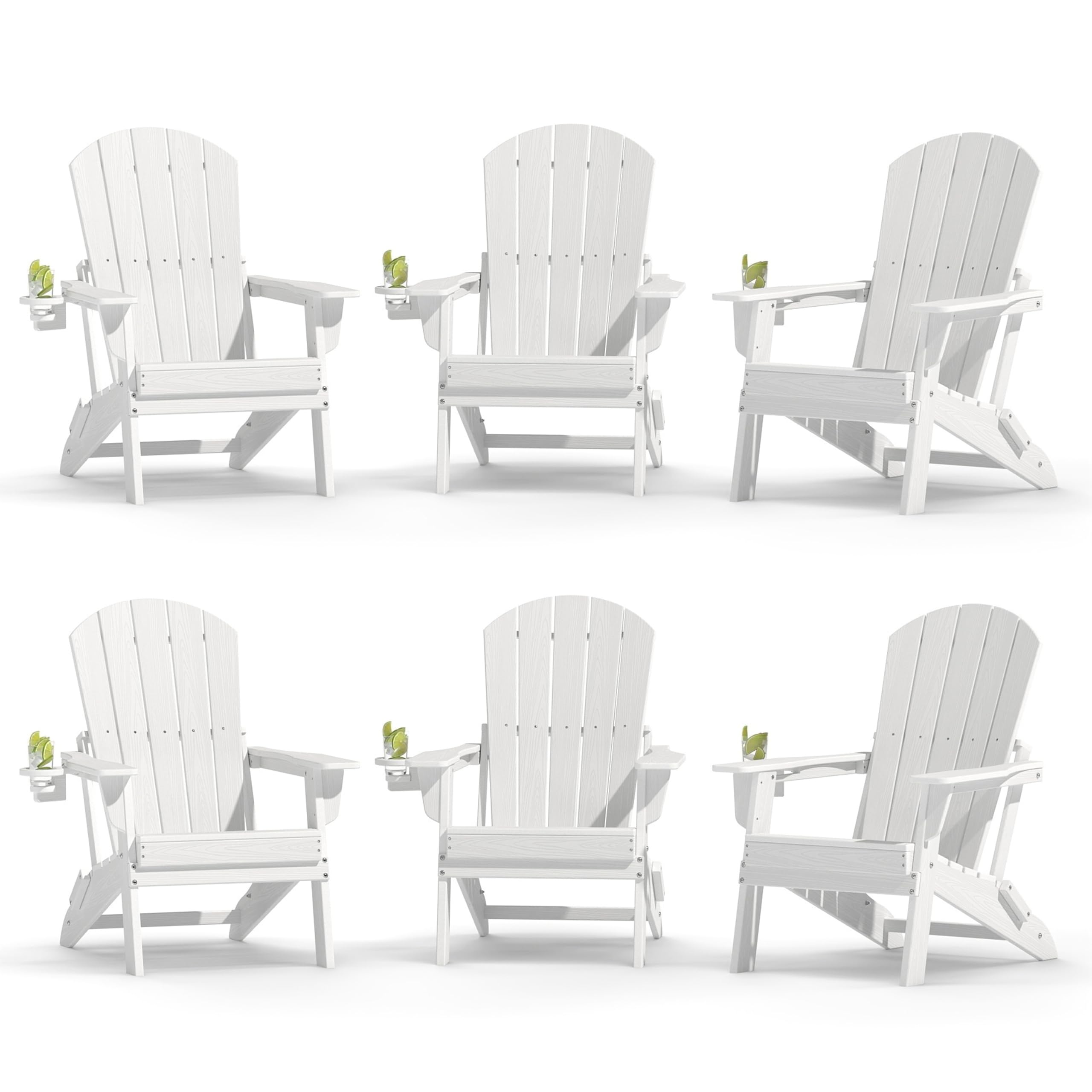 Plawdlik Folding Adirondack Chair Set of 6 with Cup Holder,Wooden Textured,Heavy All-Weather HDPE Comfortable Set Poolside Backyard Lawn,White
