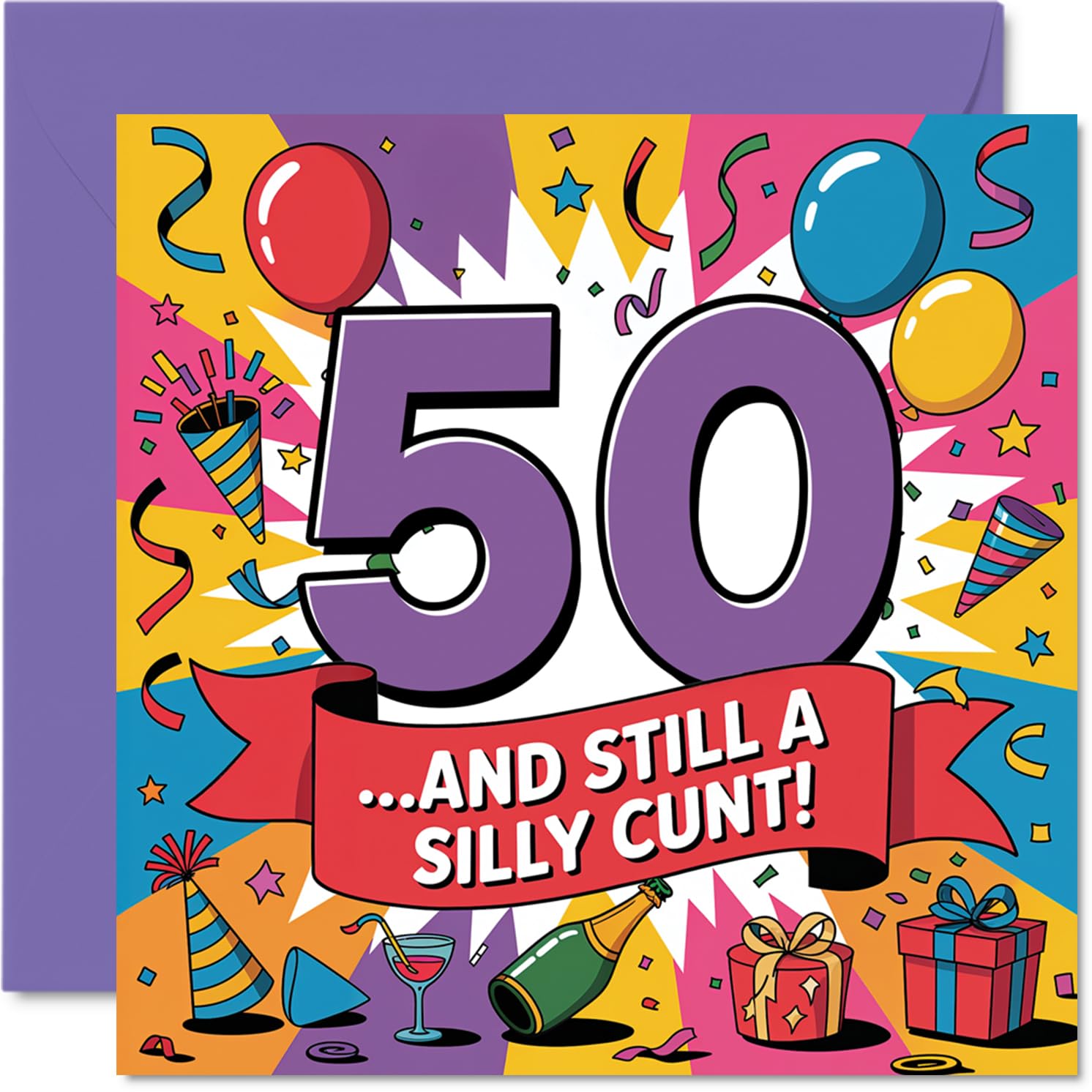 Cheeky 50th Birthday Card - Bold Laughs at 50 - Vibrant Multi-colour Design with Playful Graphics - 145mm Square, Envelope Included