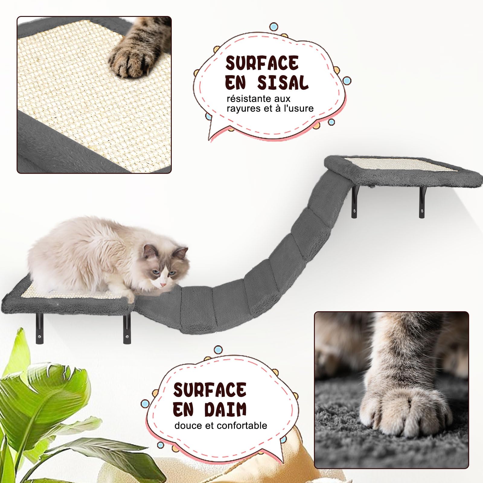Masthome Étagère Murale pour Chat, Mur d'escalade pour avec Balle, 4 pièces Meubles Muraux pour Chat,Stable pour D'intérieur Jusqu'à 10 kg (Gris)