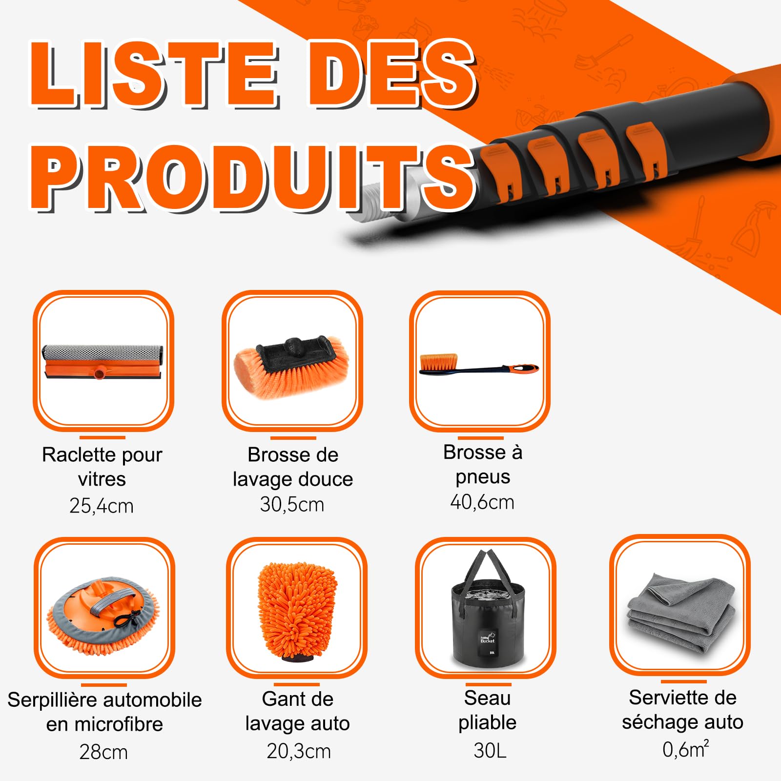 SISUPASSIE Kit de Nettoyage Voiture 3,6 m, Brosse Nettoyage Voiture Télescopique, Raclette Vitre, Serpillière Microfibre, Brosse à Jantes, Gant de Lavage, Idéal pour Camion, Camping-Car, Bateau