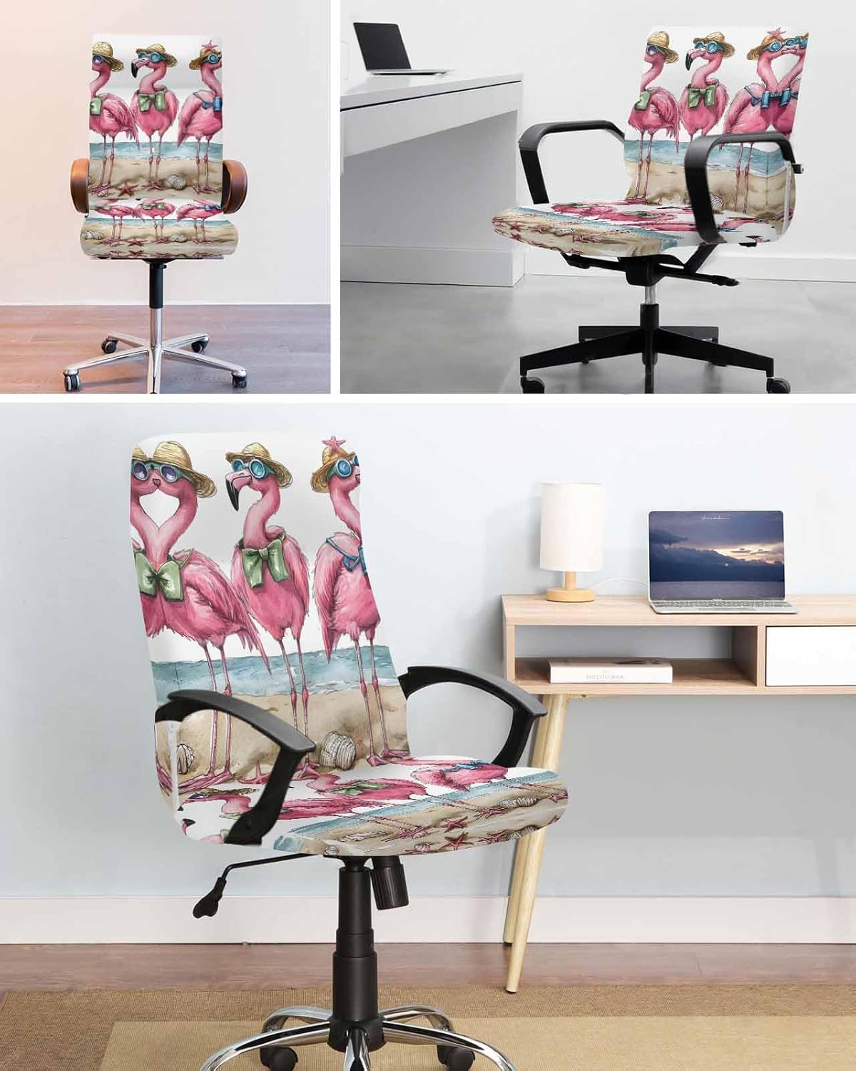 Savannan Large Office Chair Cover Summer Flamingo Stretchable Desk Computer Chair Slipcover with Zipper Beach Holiday Ocean Seashell Removable Universal Rotating Chair Protector