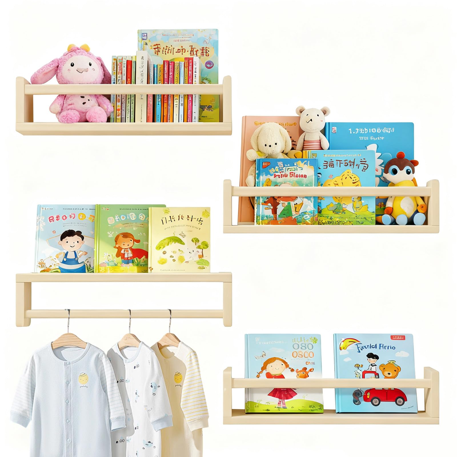 Petyoung Wooden Nursery Shelves Set of 3, 16.5" Floating Wall Bookshelf with 6 Hooks, Scalloped Design & Wooden Bead Safety Bar - Baby Kids Bedroom Storage Organizer for Books, Toys, Decor