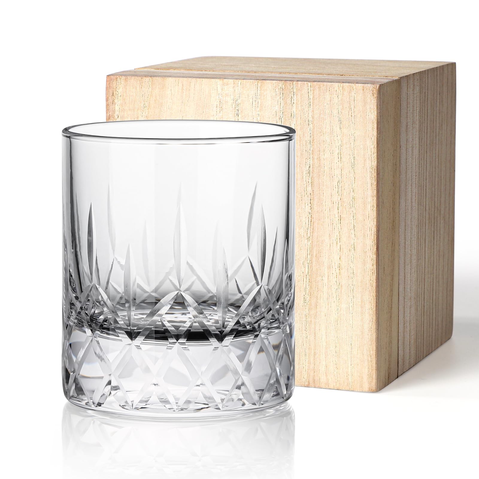 YUHWYI Crystal Rock Glass Hand Carved Ice Flower 9oz Wooden Box Whiskey