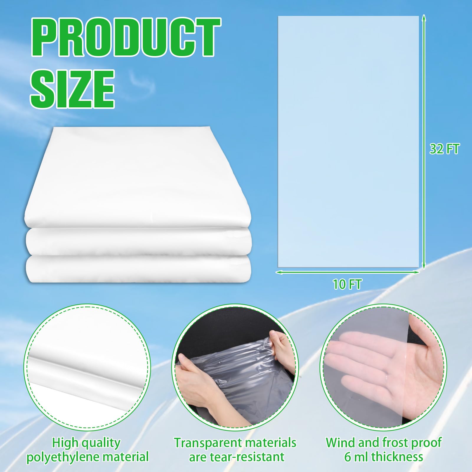 Vevitts Película de plástico para invernadero, lámina de plástico de invernadero de 6 mm de grosor, película de polietileno transparente resistente a los rayos UV para jardinería, agricultura,