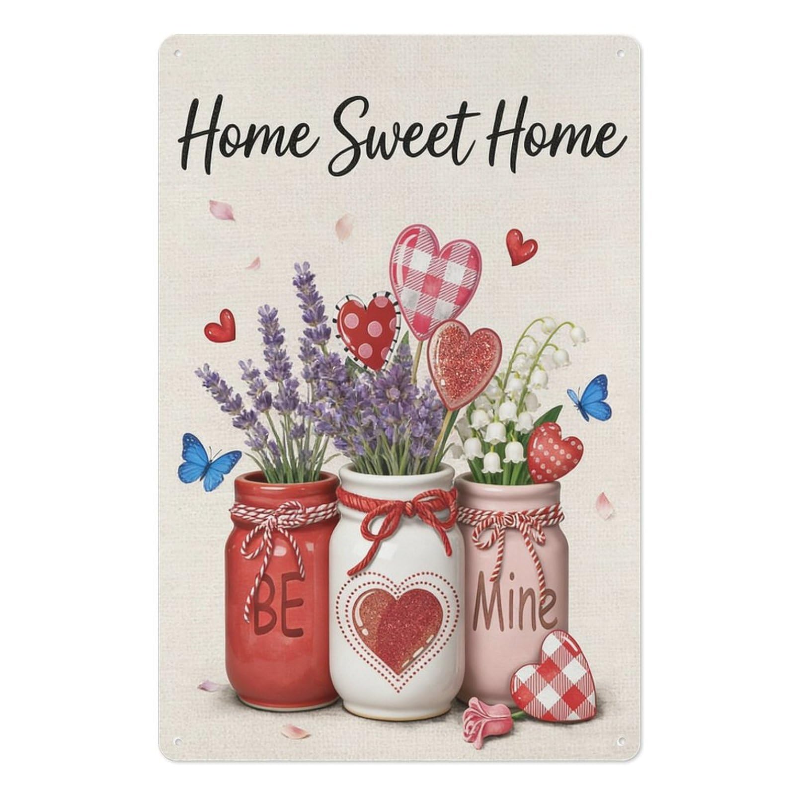 peiyeety Home Sweet Home Be Mine Metal Tin Sign 8x12 Inch – Romantic Hearts and Floral Wall Decor Plaque for Valentine’s Day, Cozy Home, or Sweet Love Gift