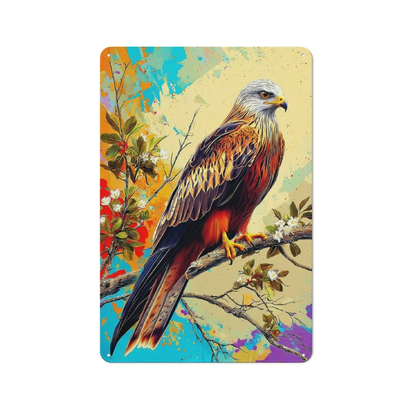Junmoney Colorful Eagle On Branch -1 Decorative Tin Plaque With Design 30X20cm, Classic Novelty Wall Art For Flat, Dorm Room, Lounge Or Cafe