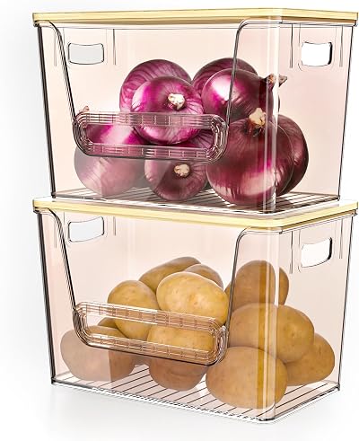 Delamu 2 Set Pantry Organizers and Storage, Kitchen Organizers and Storage with Bamboo Top, Stackable Kitchen Pantry Bin for Onion, Potato, Fruits, Produce, Vegetable, Amber