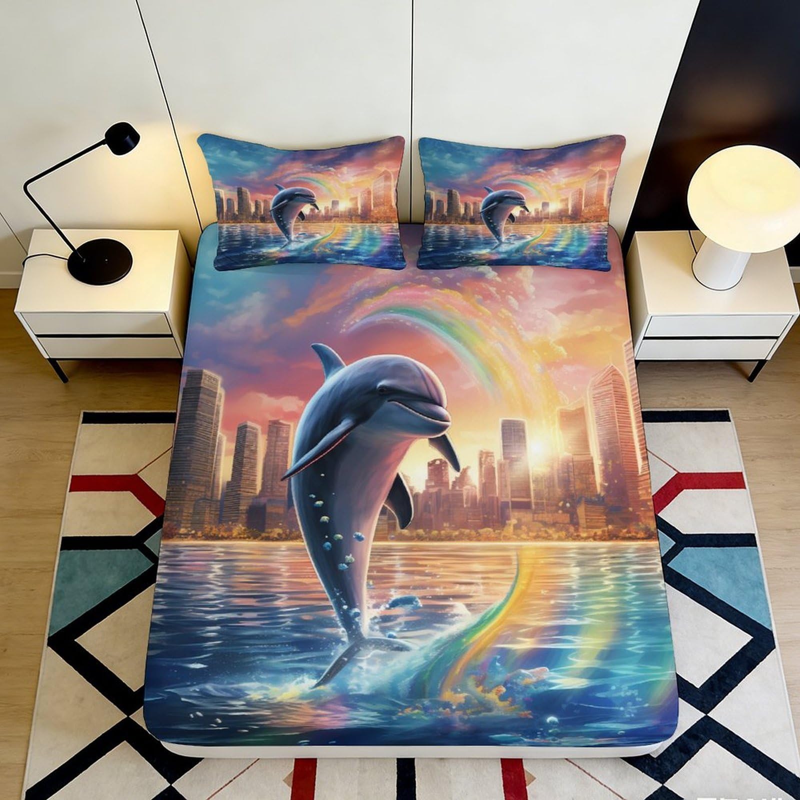 Pnayamiorkfel Style-1 3D Printed Dolphin Cityscape Fitted Sheet Microfiber Soft Skidproof Mattress Cover Rainbow Bed Decor For Bedroom Guestroom 90X200x25cm