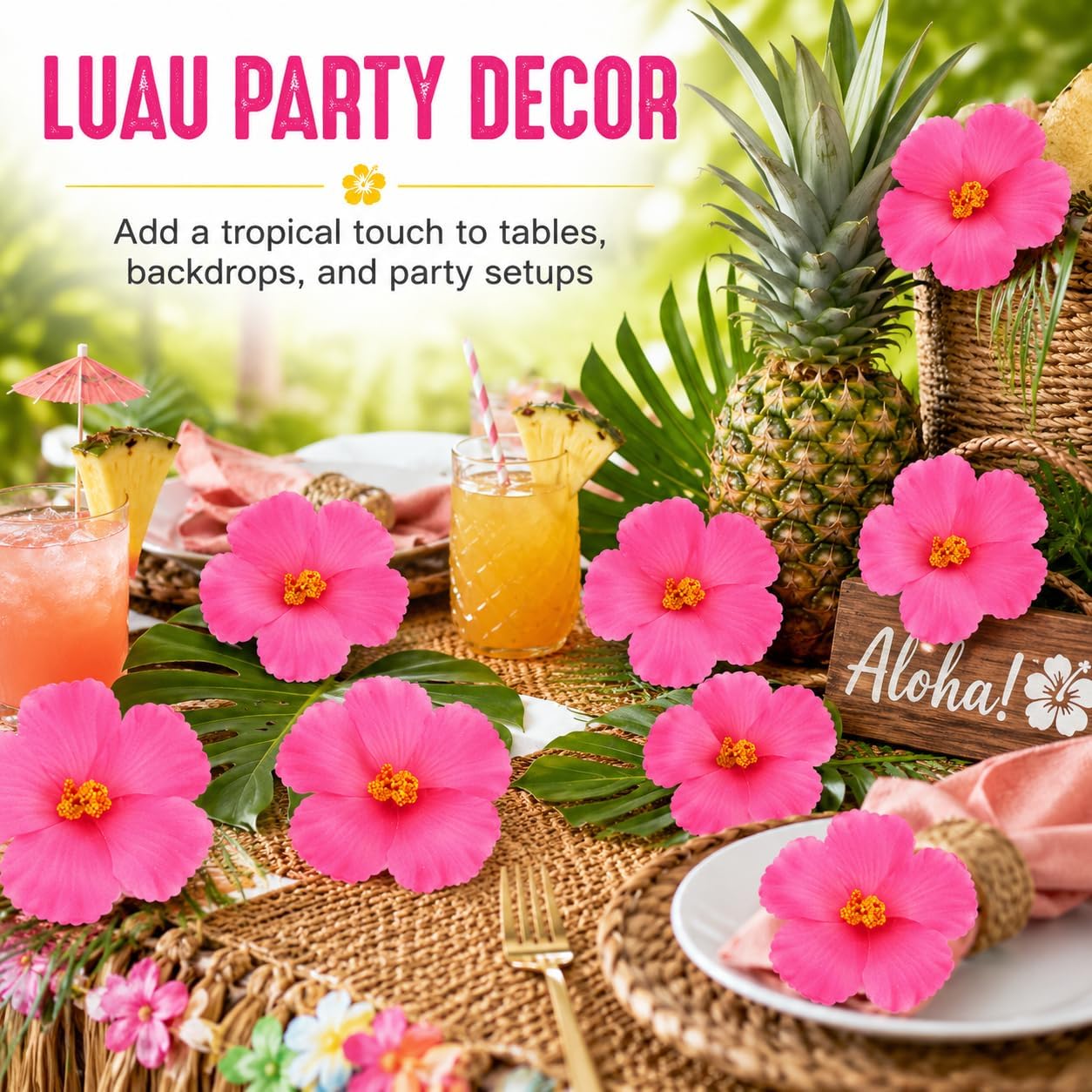 HOMSFOU 10PCS Hawaiian Hibiscus Artificial Flowers for Luau Party Decorations - Tropical Faux Floral Set for Table Centerpieces, DIY Crafts, and Summer Theme Events (Pink)