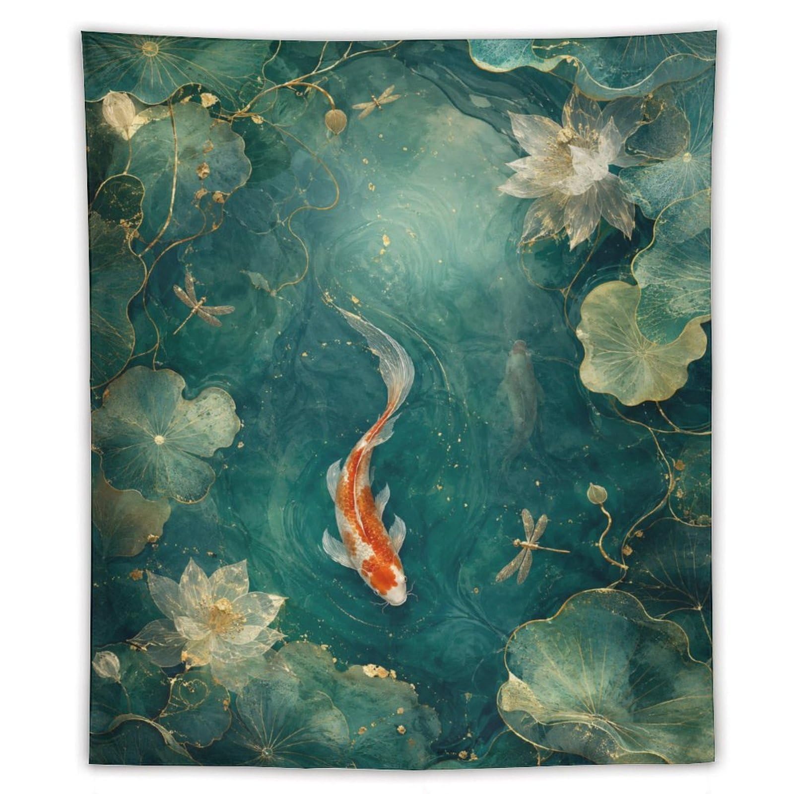 W7C8U2X3 Koi Fish Pond Wall Tapestry, Watercolor, Reading Corner