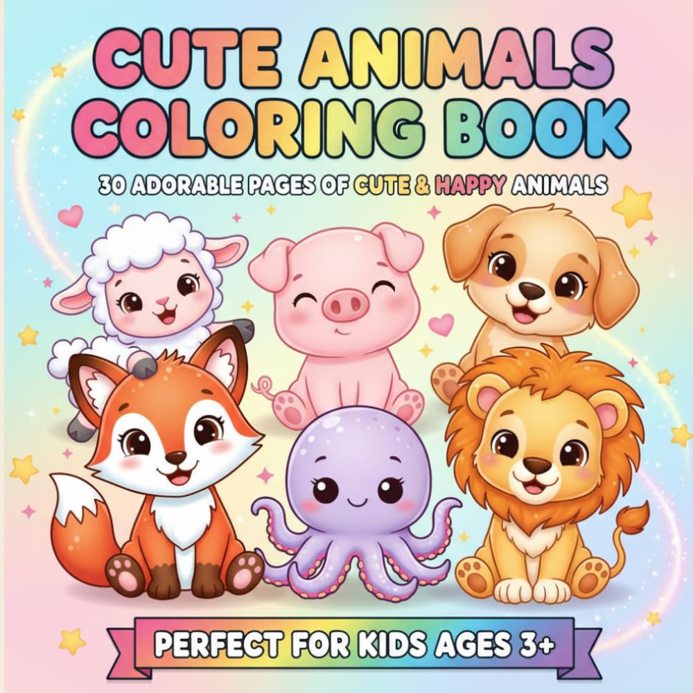 Cute Animals Coloring Book: Fun and Easy Coloring Pages for Kids Ages 3+