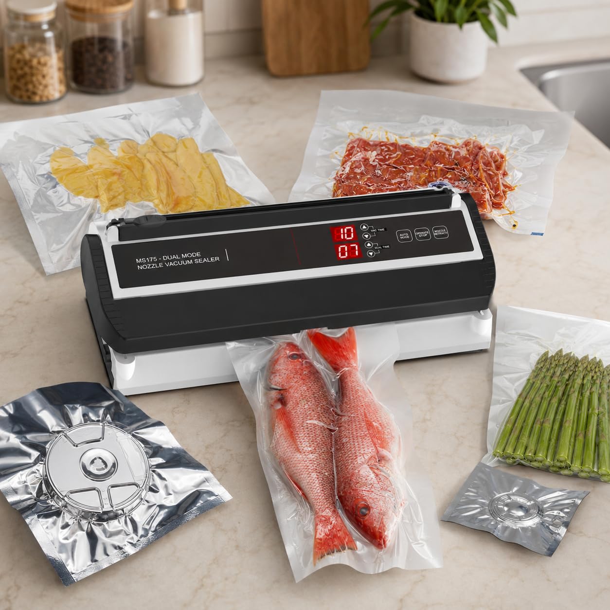 Komercyjny zgrzewarka próżniowa 250 W do pakowania żywności | Regulowany czas próżni i uszczelnienia, pręt uszczelniający 8 mm, zawiera 9 opakowań do suchej i wilgotnej żywności
