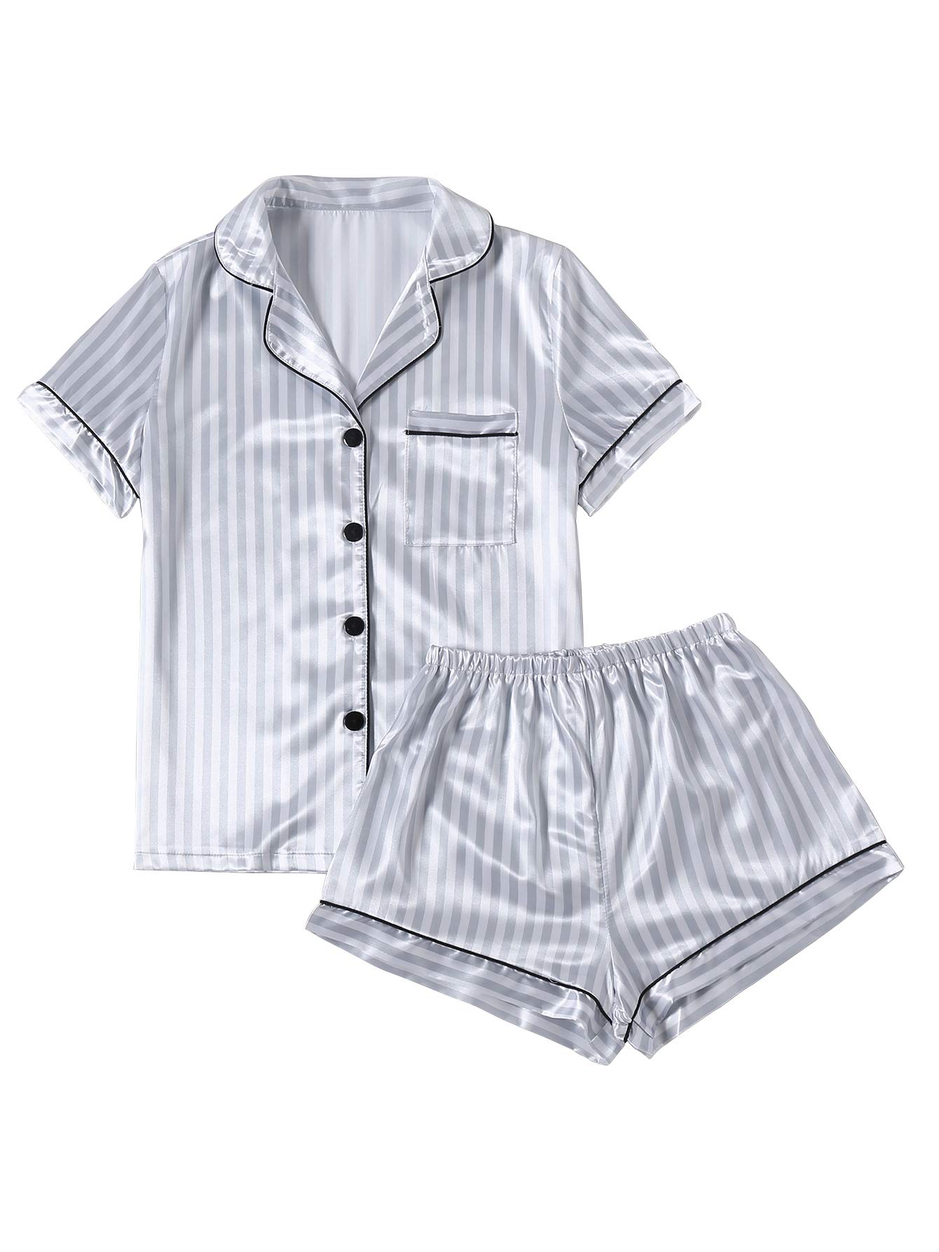 LYANER Women's Striped Silky Satin Pajamas Short Sleeve Top with Shorts Sleepwear PJ Set