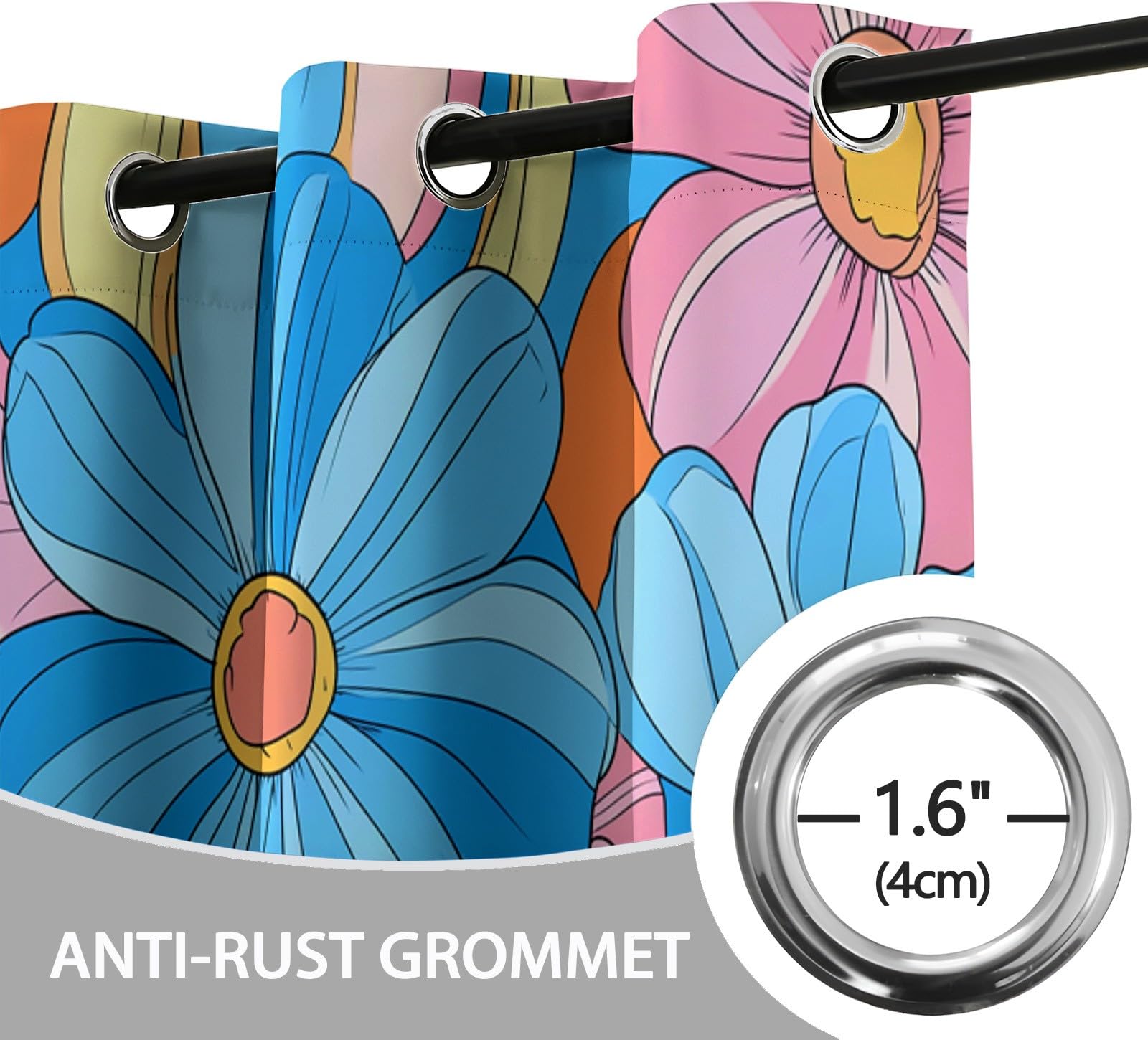 Thermovorhang Kälteschutz Pink Blue Retro Mode Blumenmuster, Blickdichte Gardinen mit Ösen für Schlafzimmer, Verdunklungsvorhänge 2er Set, H 260 x B 140 cm