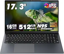 Laptop de 17,3 polegadas, versão para escritório, processador de 12ª geração N95 4C (3,4 GHz), 16G RAM 512G SSD, tela 1080p, bateria 10000mAh, tipo C (dados), WiFi, BT, RJ45, alto-falantes estéreo