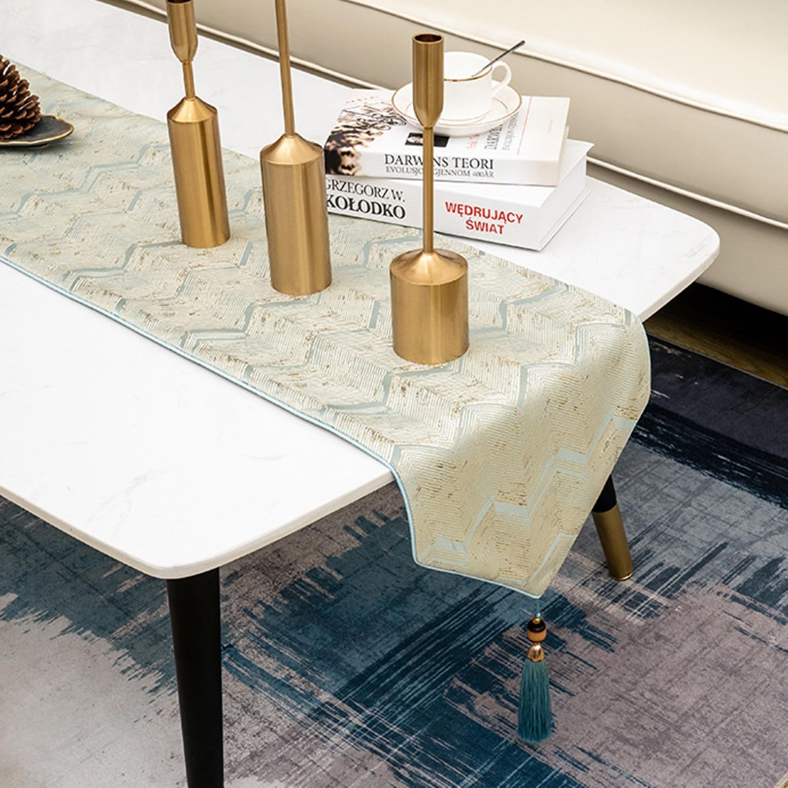 Tischläufer Polyester Modern, Tischläufer Wohnzimmer 33x220 cm, Einfaches Wellenmuster mit Quasten