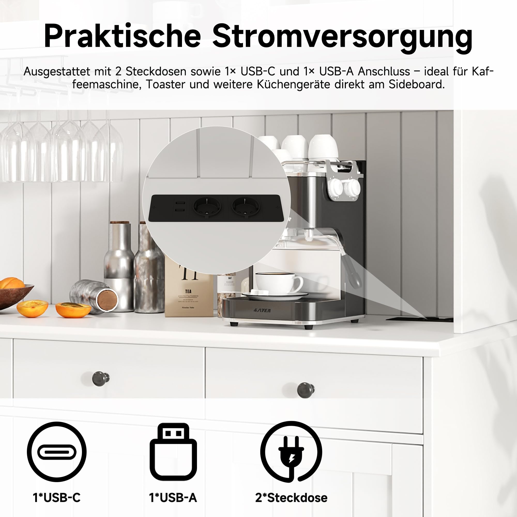 Küchenschrank mit USB Buchse für Wohnzimmer, Hochschränk mit Schubladen & Türen, Vorratsschrank mit Verstellbaren Regal & Weinregal, Buffetschrank für Esszimmer, 191x120x40 cm (Weiß)