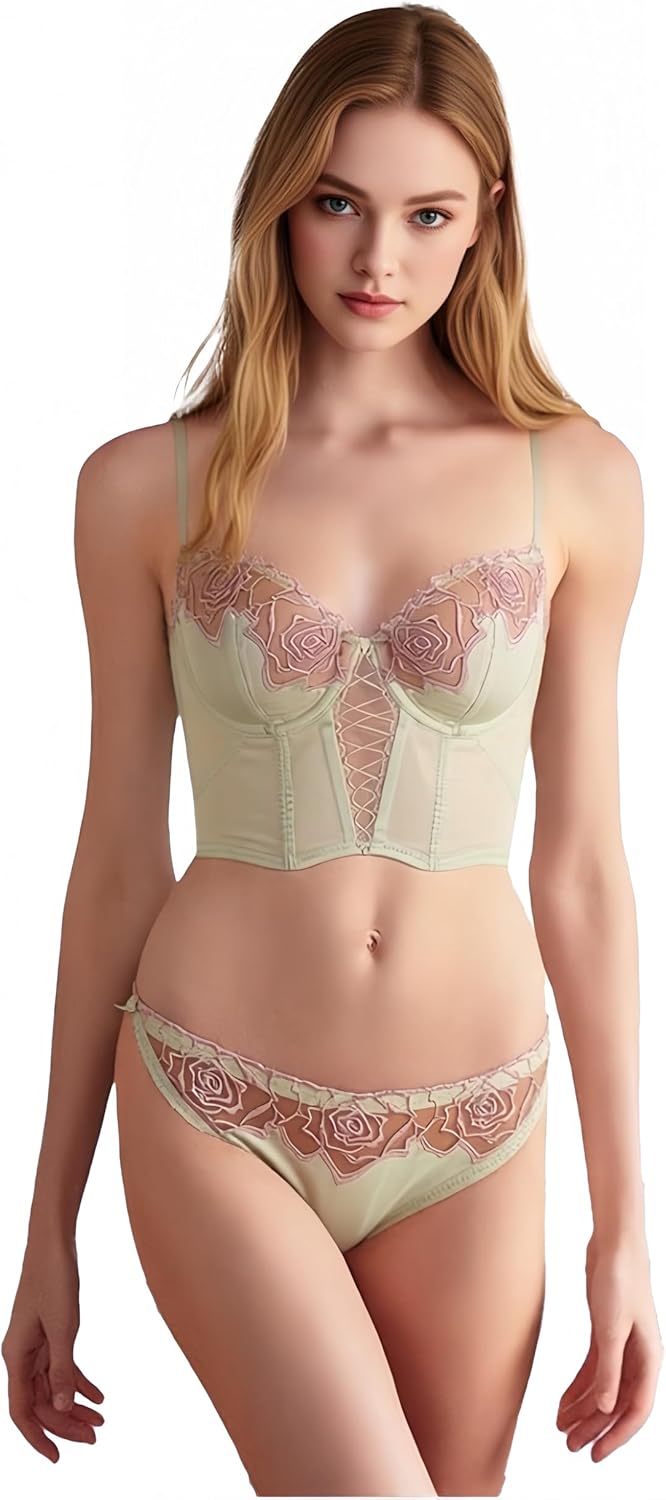 Women's Sexy Lace Black Satin Bustier Crop Top with Rose Lace Applique - Underwire Corset Lingerie