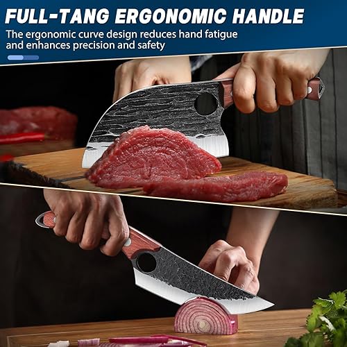 Miniatura 3 de TAN REN Juego de 3 Cuchillos de Carnicero para Cortar Carne, Cuchillos Cuchillas de Carnicero Forjados a Mano con Mango de Madera, Juego de