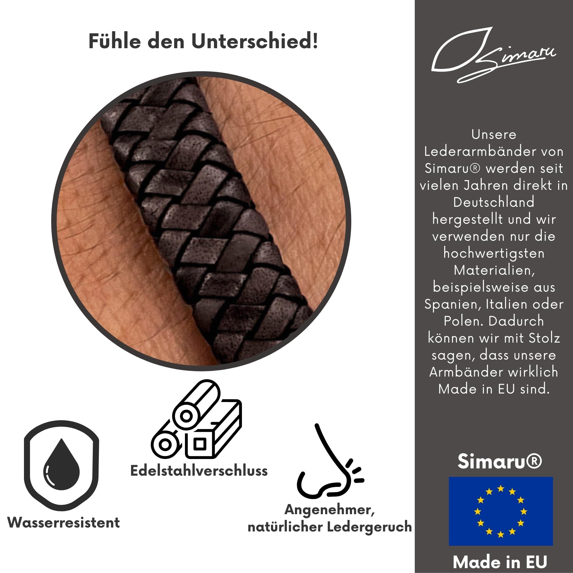 Simaru Lederarmband für Frauen & Männer, Echtleder-Armband mit Edelstahl Hakenverschluss, Premium-Qualität Made in Germany