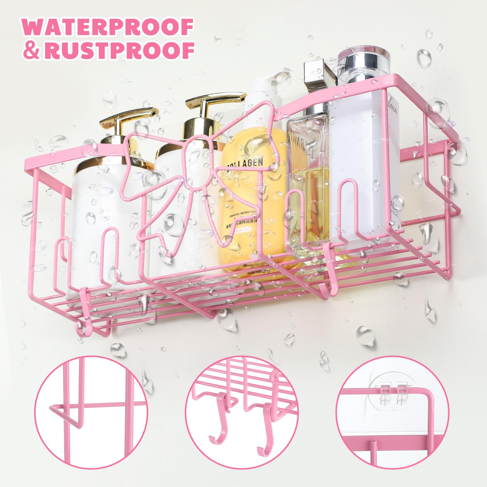 Pink Shower Caddy Set With Hooks - 2 Shelves + 2 Soap Holders, No Drill Adhesive Bath Organizer - View #5