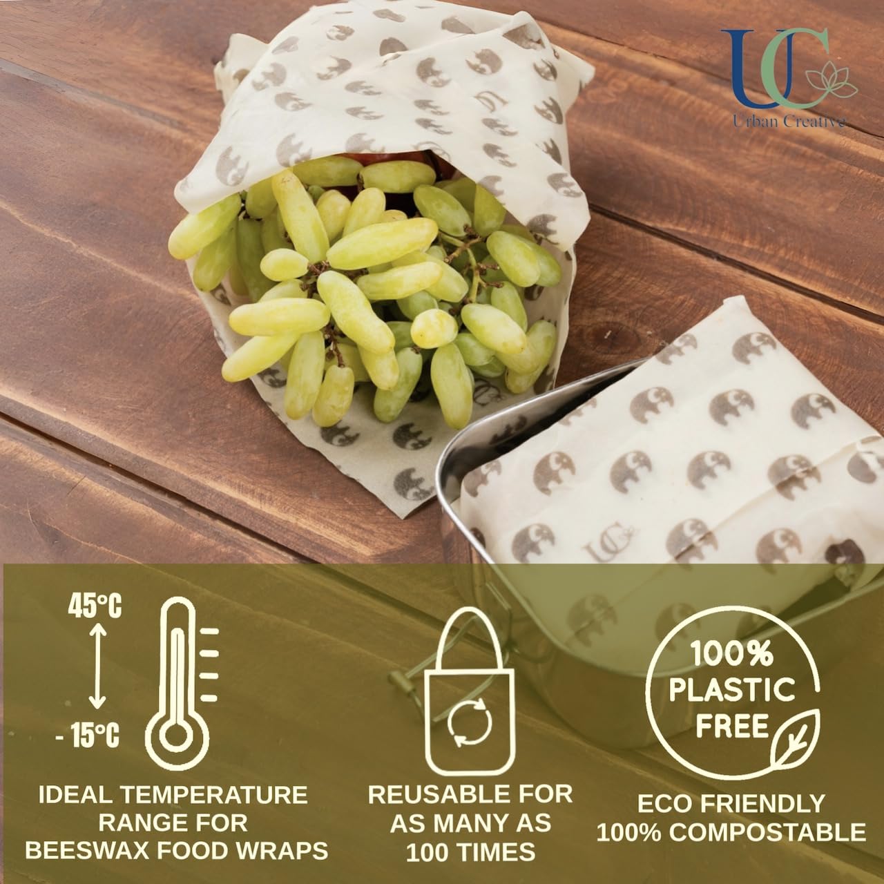 UC Urban Creative Madhu Wrap Reusable Beeswax Food Wraps | Set of 2| Organic Cotton | Plastic-Free Eco-Friendly Wraps for Rotis, Sandwiches, Fruits & Vegetables | Medium 10"x12" (25x30 cm) | 2