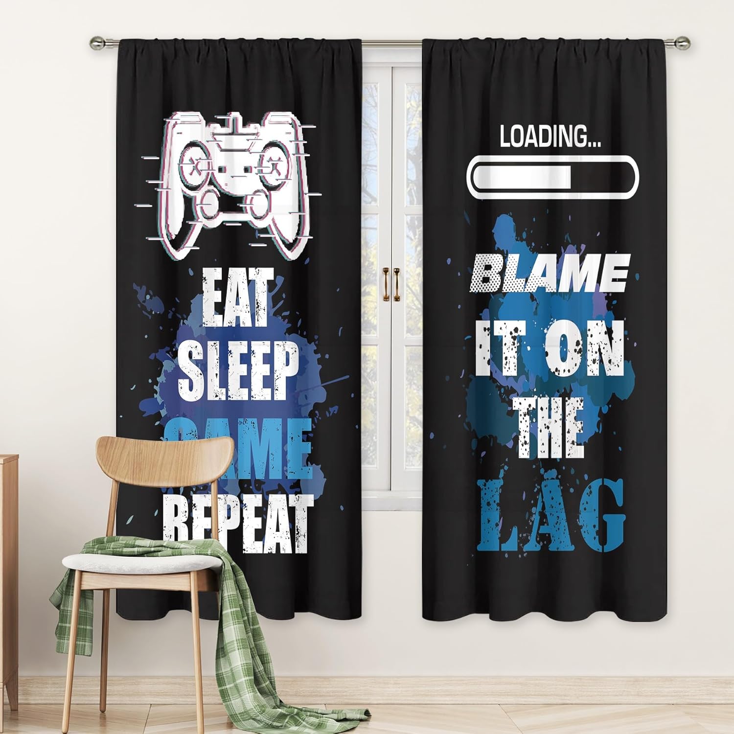 MESHELLY Boys Gamer Curtains 42W x 63H Inch Rod Pocket Gaming Decor for Teens Bedroom Video Game Gamepad Controller Quotes Men Kids Cool Art Printed Living Room Playroom Window Drapes 2 Panels Set