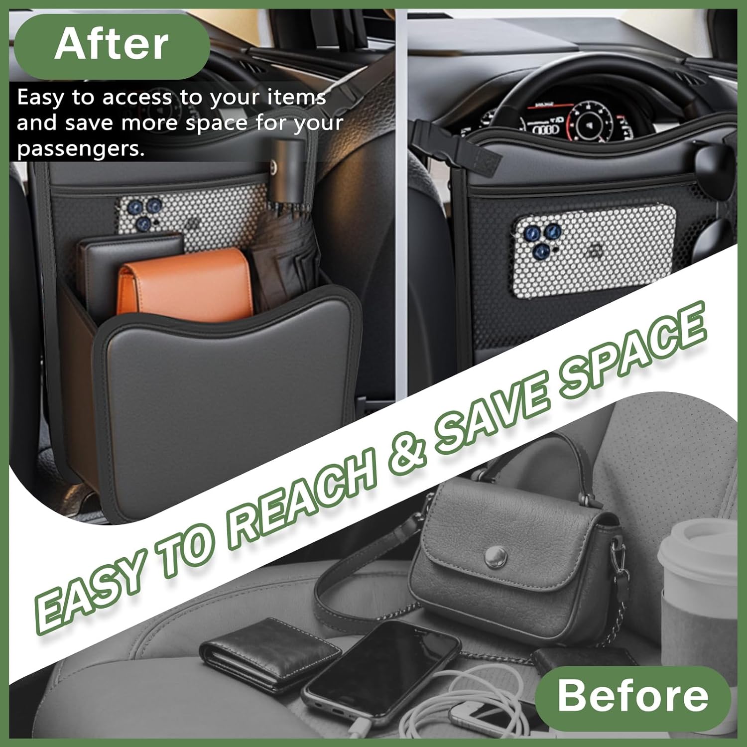 Car Seat Gap Purse Holder Leather - Between Seats Organizer, Automotive Storage for Phone Keys & Daily Essentials