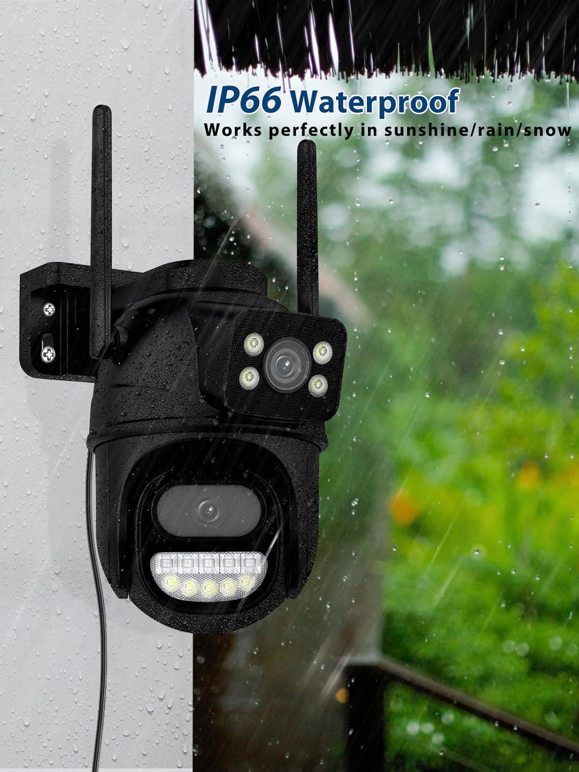 Reobiux A33H-2P camera mounted outdoors during rain, demonstrating IP66 waterproof rating