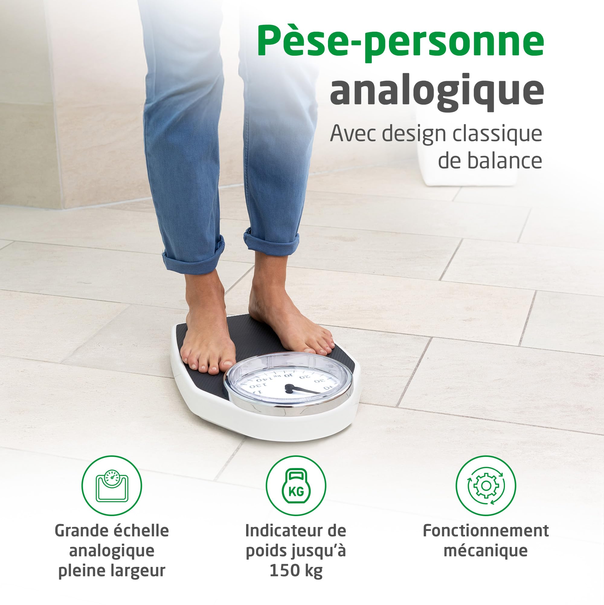 Medisana PSD pèse-personne mécanique jusqu'à 150 kg, pèse-personne analogique, rétro de conception classique et grande échelle dans un emballage sans frustration et un couvercle en verre renforcé