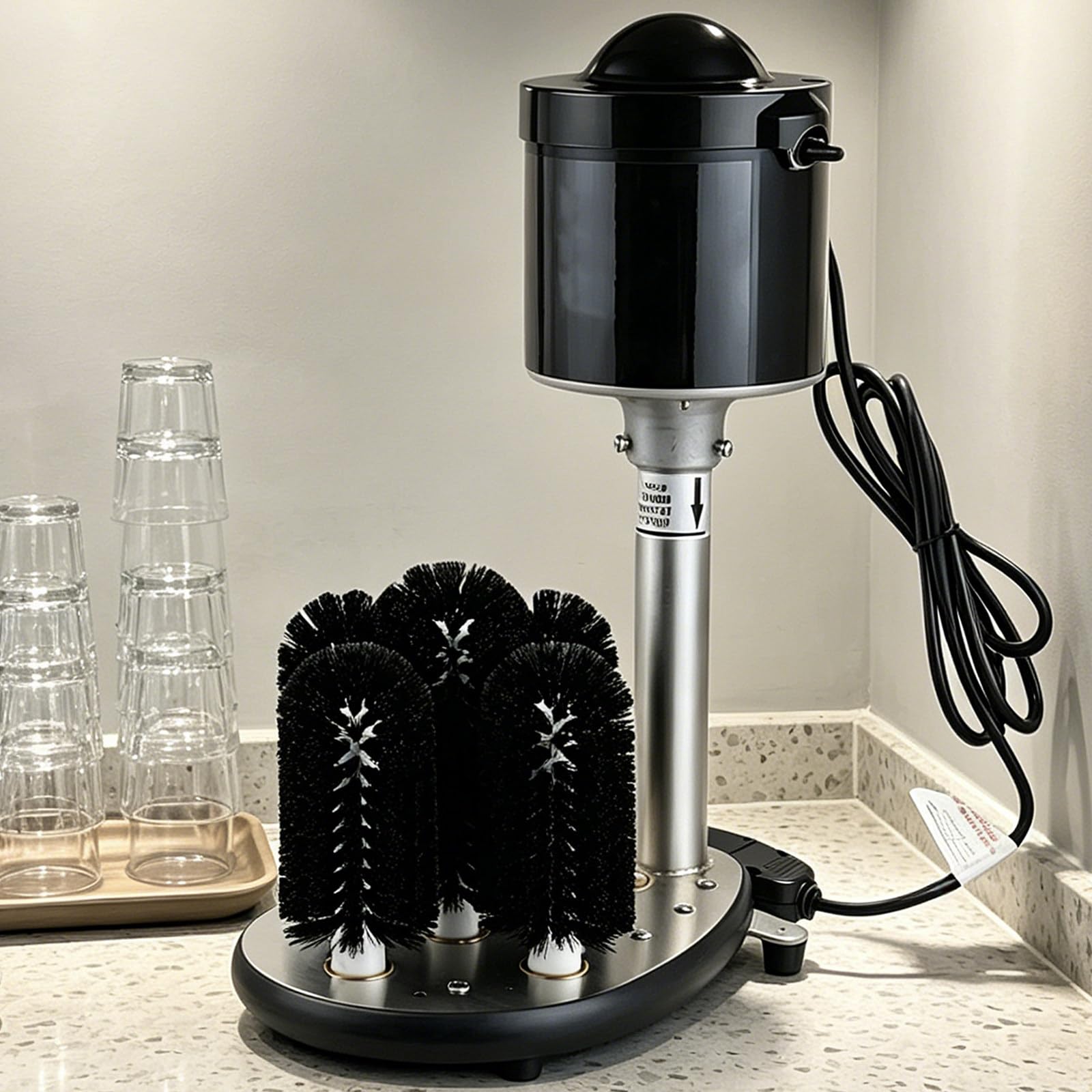 Lavabicchieri Elettrico Professionale - 5 Spazzole, Motore da 1/3 di Cavallo Vapore, 600 Tazze/Ora, Lavaggio a 360 Gradi, per Bicchieri con Diametro da 1,89 a 3,94 Pollici