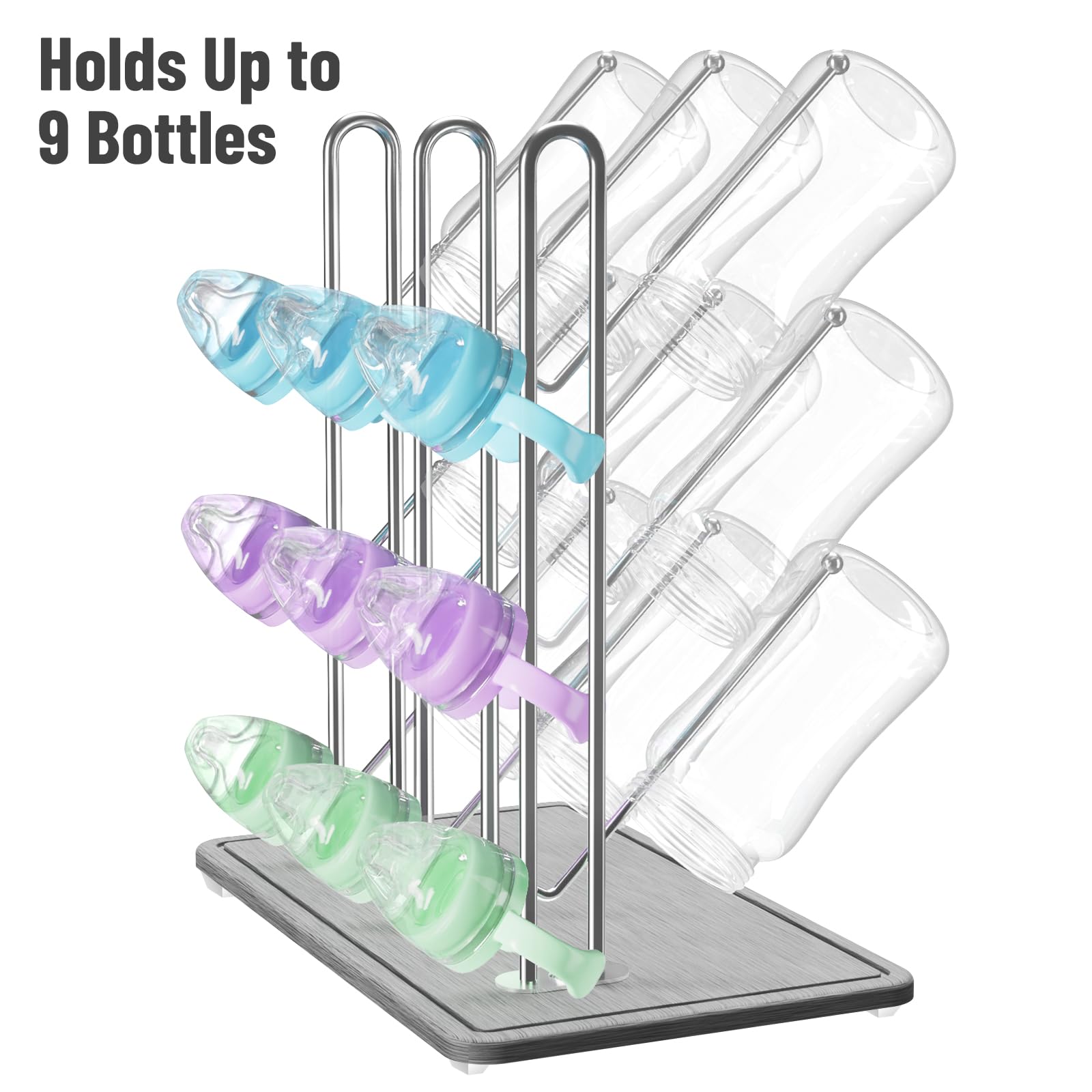 NiHome Baby Bottle Drying Rack with Diatomite Base & Stainless Steel Frame, Foldable Countertop Organizer Holds 9 Bottles - Image 4