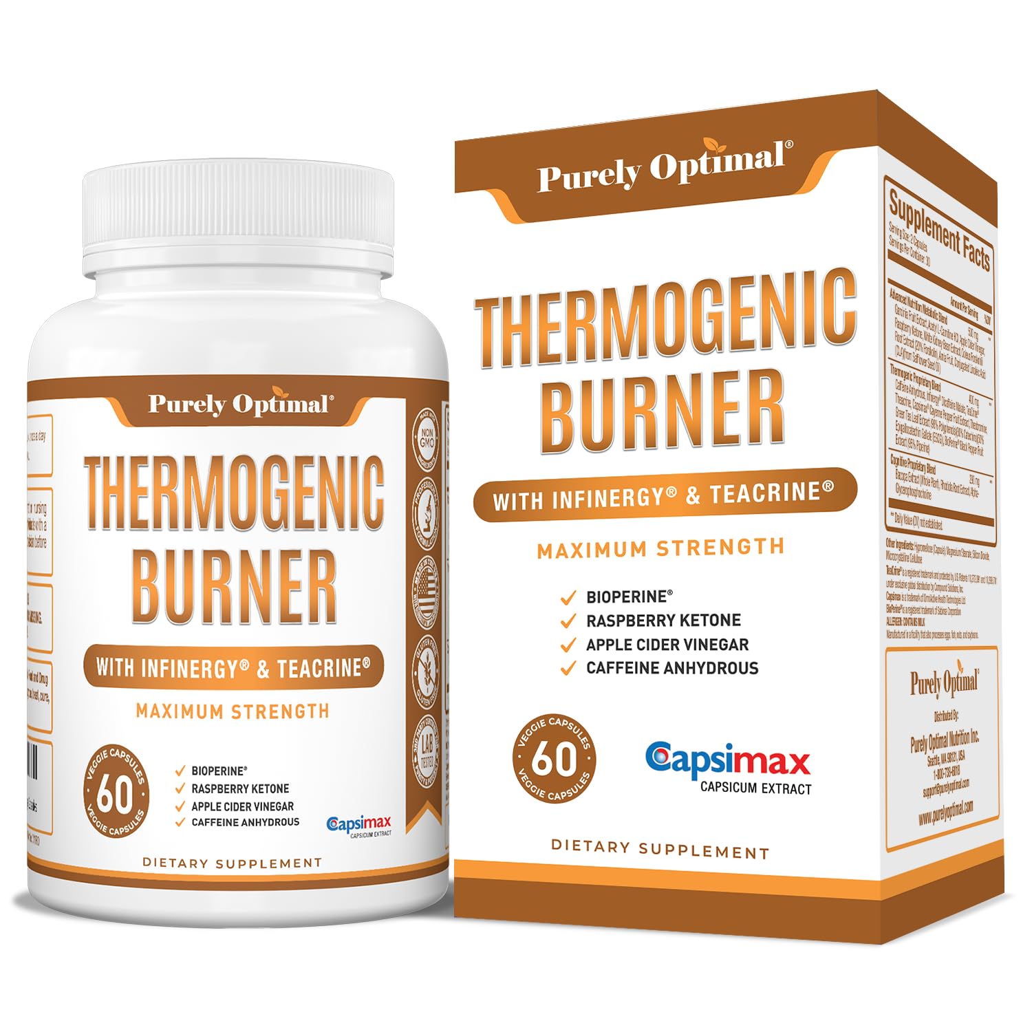 Purely Optimal Suplemento termogênico com cafeína anidra, 60 cápsulas