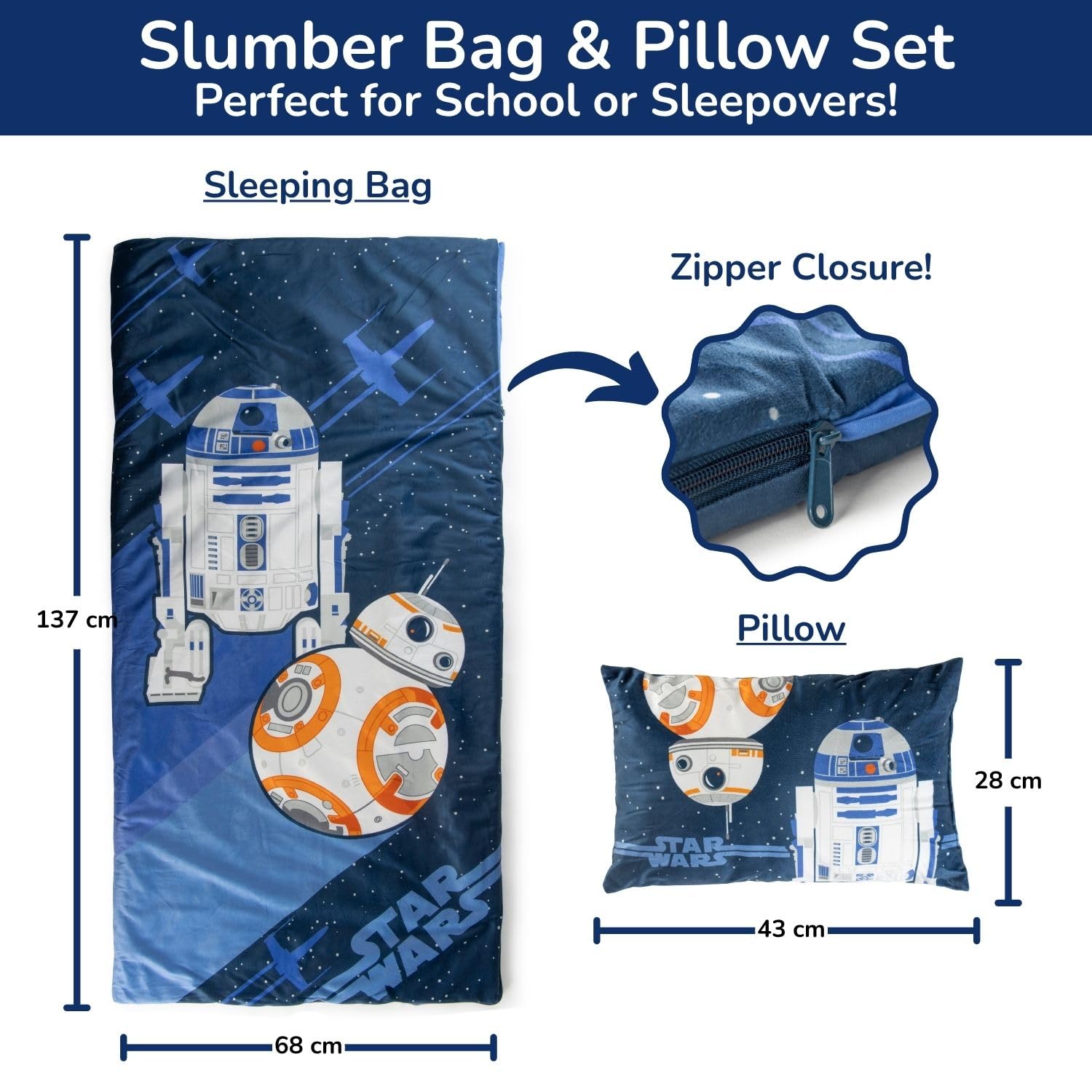 Set sacco a pelo e cuscino Star Wars Droidi - Comodo sacco nanna da viaggio con manico, ideale per gite scolastiche e pigiama party