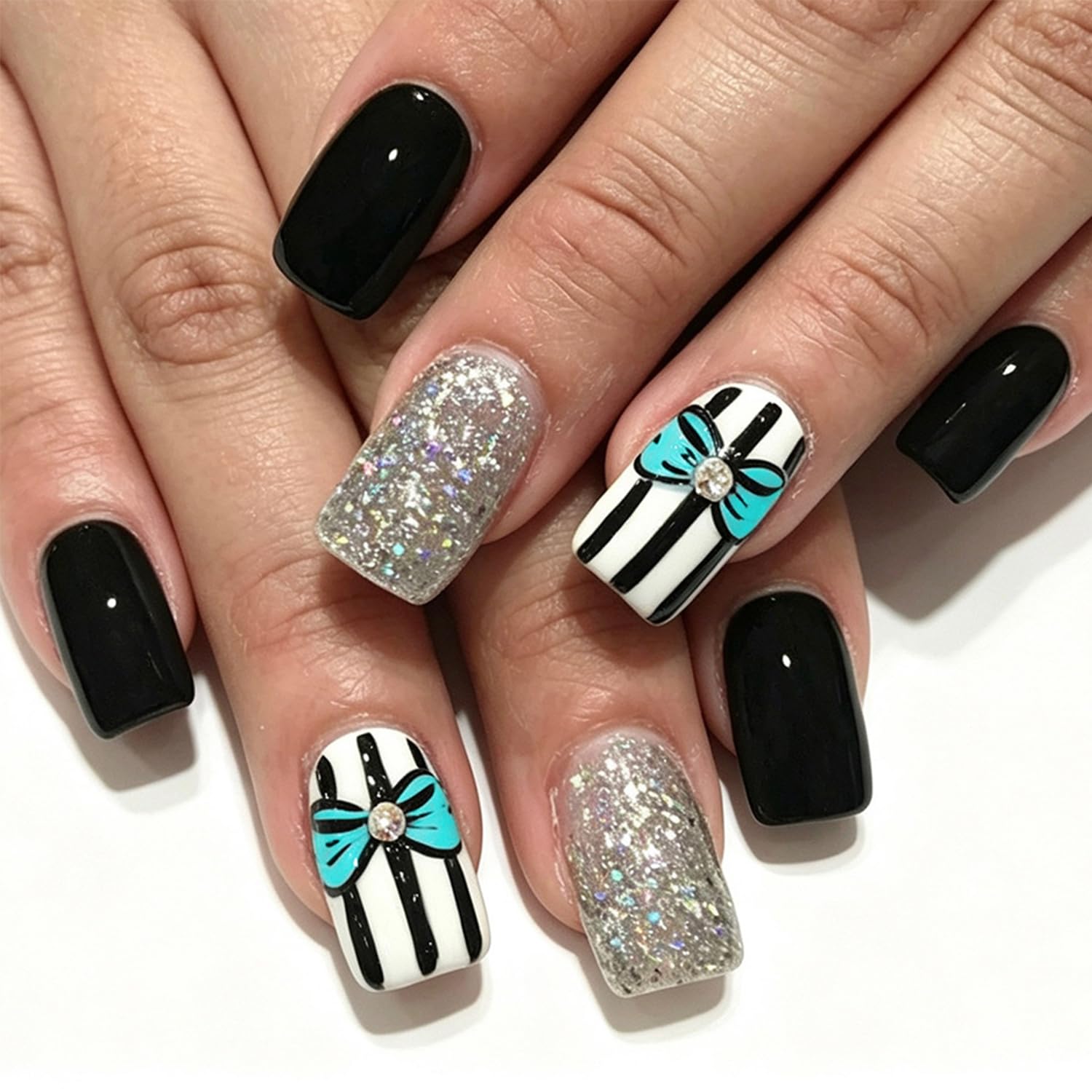 Bow Press on Nails Medium Square Fake Nails - 3D Shine Design