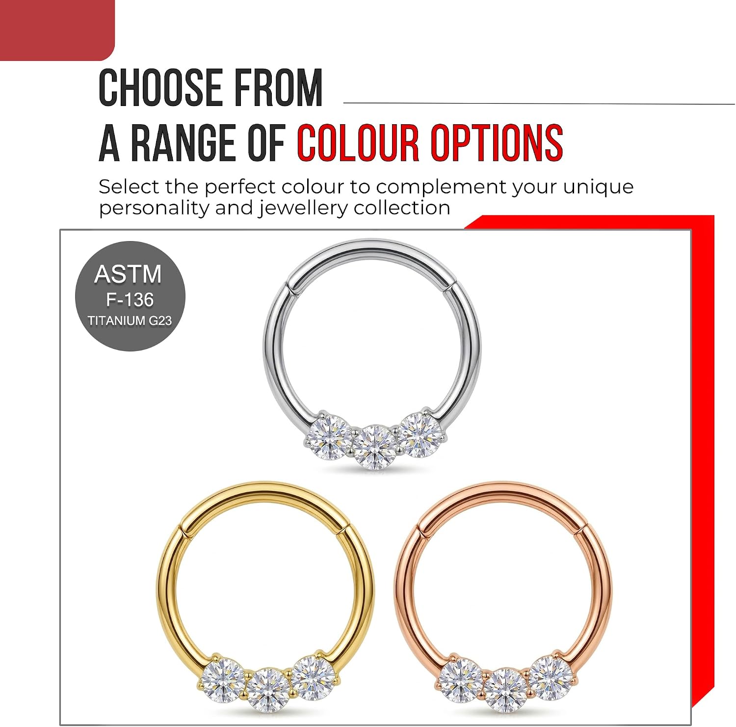 Tri Clear Cz Gemstones 16 Gauge G23 Grade Titanium Hinged Clicker Segment Ring - Hoop Cartilage - Daith Hoop - Segment Ring Body Jewelry
