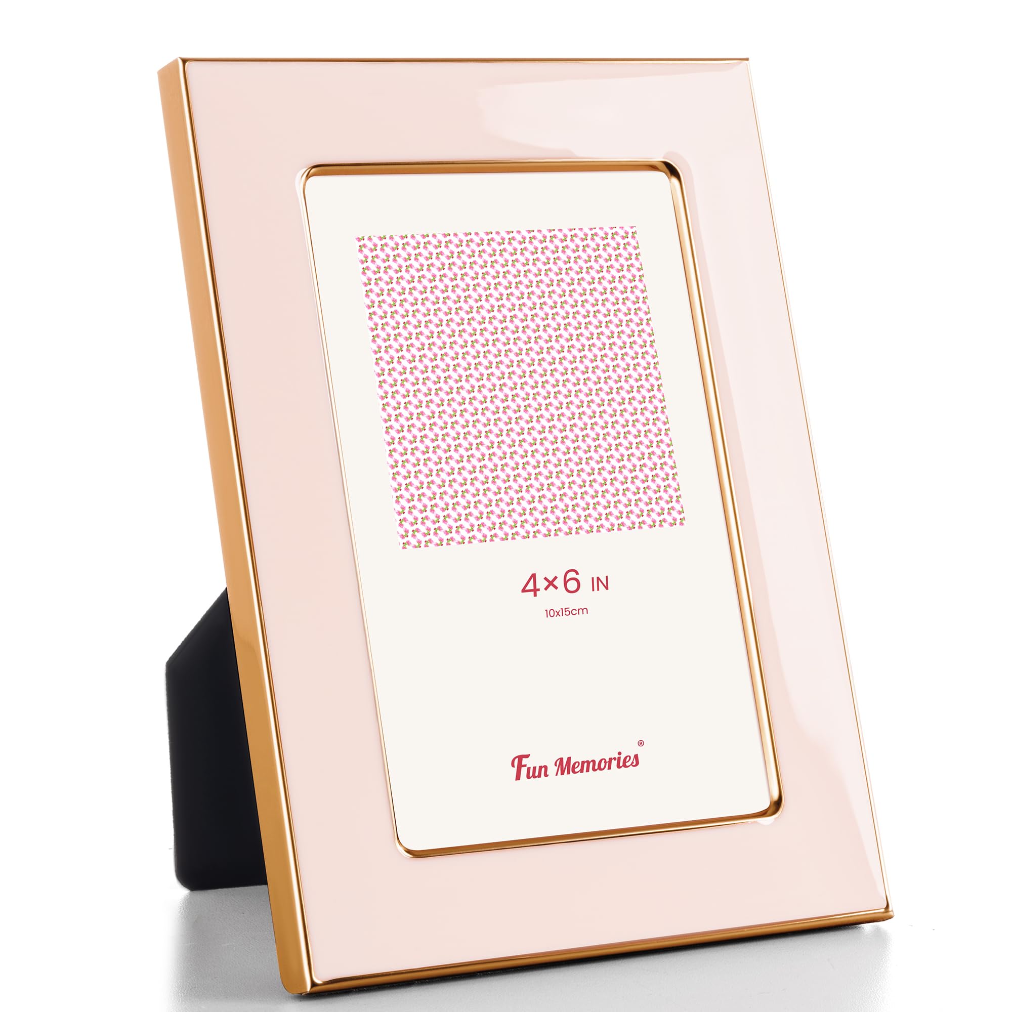 Fun Memories Bilderrahmen, 10,2 x 15,2 cm, rosa Emaille-Glas, mit goldfarbenem Metallrand und Staffelei für die Präsentation von Bilderrahmen auf Arbeitsplatten, Tischplatten, Bücherregalen