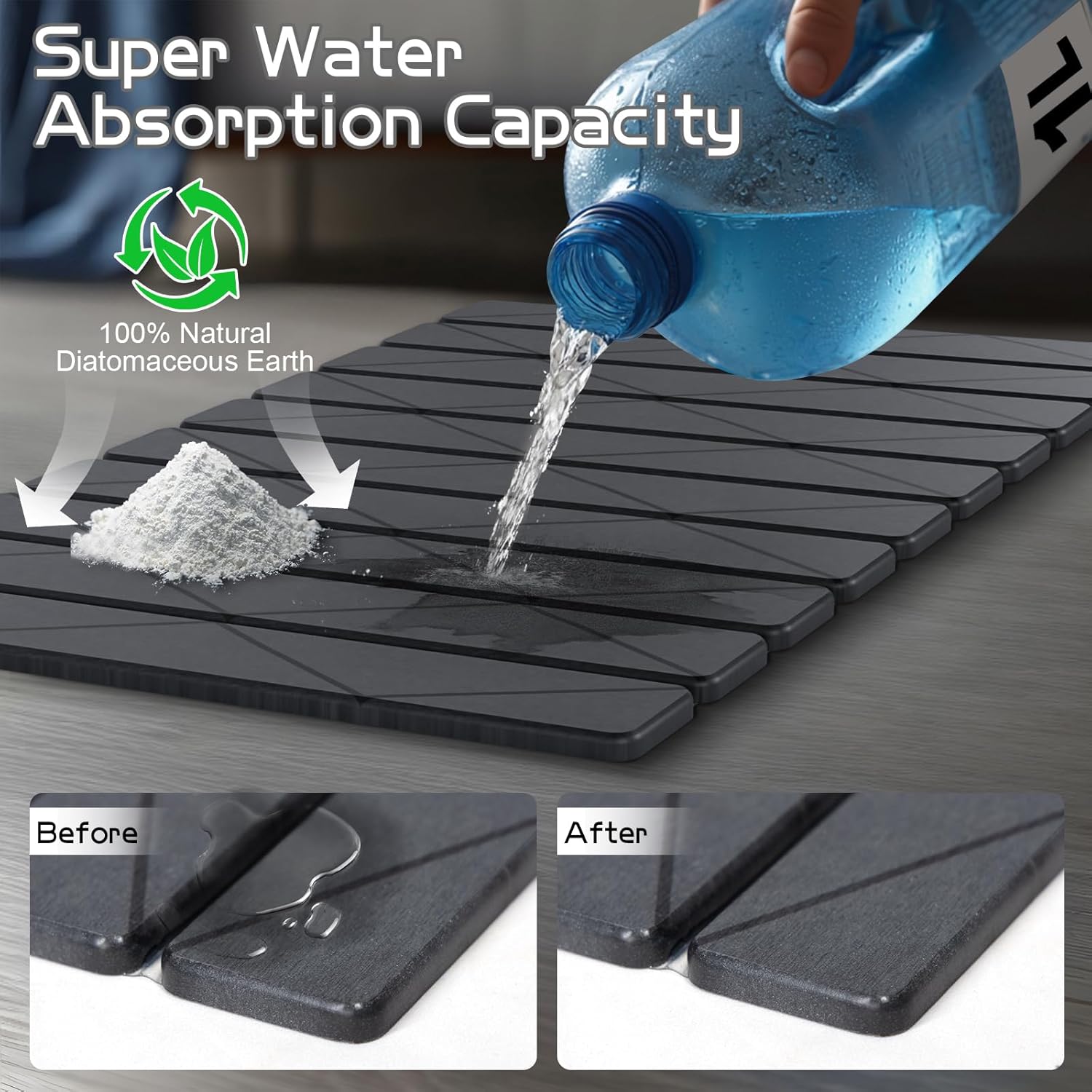 Bathroom Stone Mat, Foldable Stone Bath Mats for Bathroom, Super Absorbent Diatomaceous Earth Mat, Non-Slip 23.6x15.8 Inch Quick Drying Mats, Compact and Easy to Store Bath Mats, Easy to Clean, Grey - Image 2